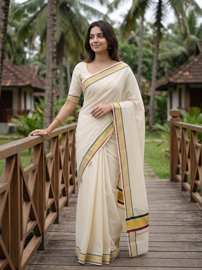 A woman wearing a cream-colored cotton saree with yellow, green, and red border stripes, standing on a wooden bridge in a tropical resort setting with palm trees and resort buildings.