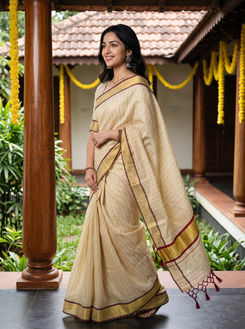 A woman modeling a beige and gold striped cotton saree with red border accents, standing in a traditional courtyard with wooden pillars and yellow garlands.