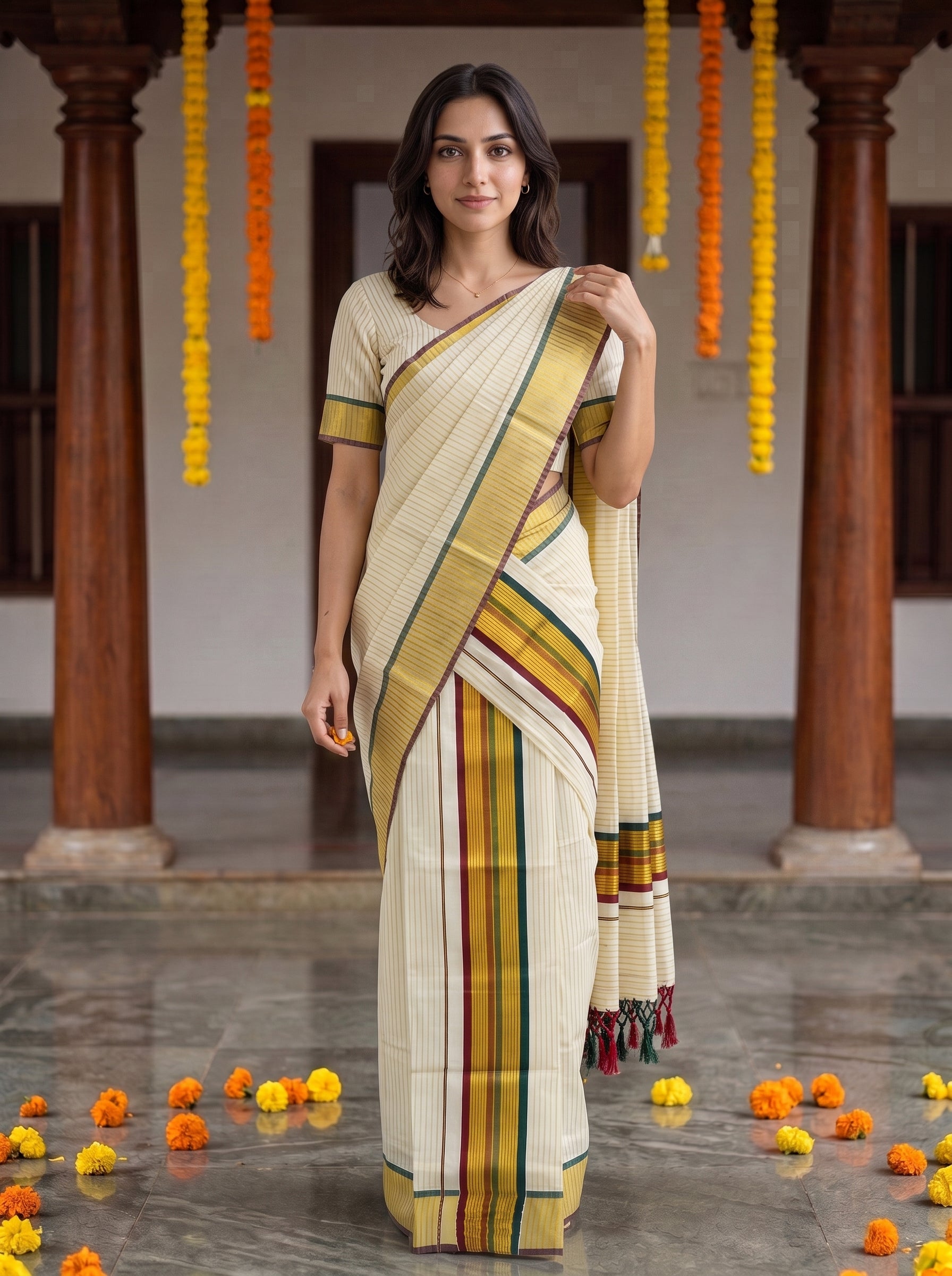A woman modeling a cream-colored cotton saree with yellow, green, and red stripes, paired with a matching short-sleeve blouse, standing in a traditional courtyard with wooden pillars and hanging marigold garlands.