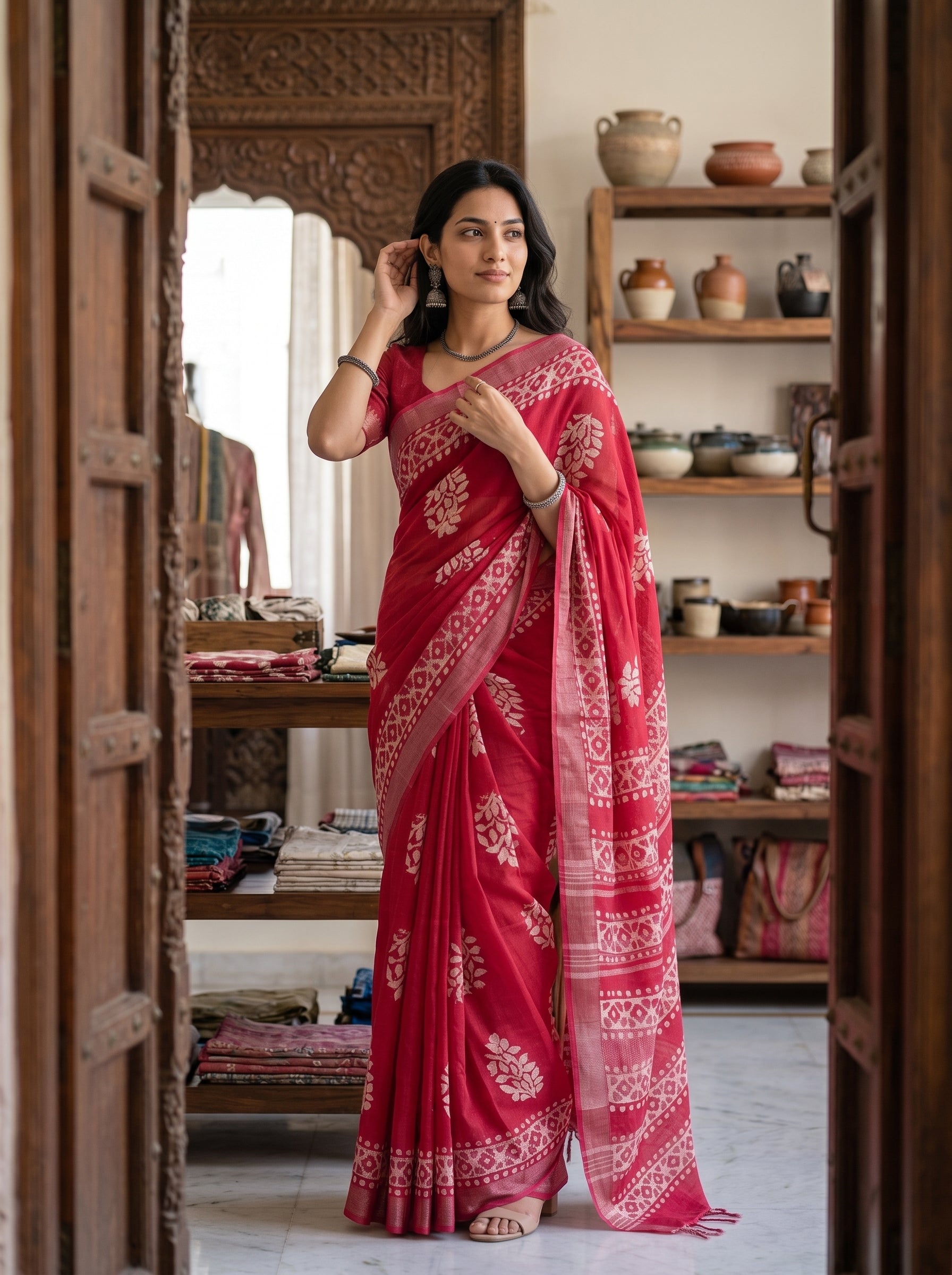 A woman wearing a red saree with white floral prints stands in a doorway inside a rustic shop, with shelves of pottery and textiles visible in the background.