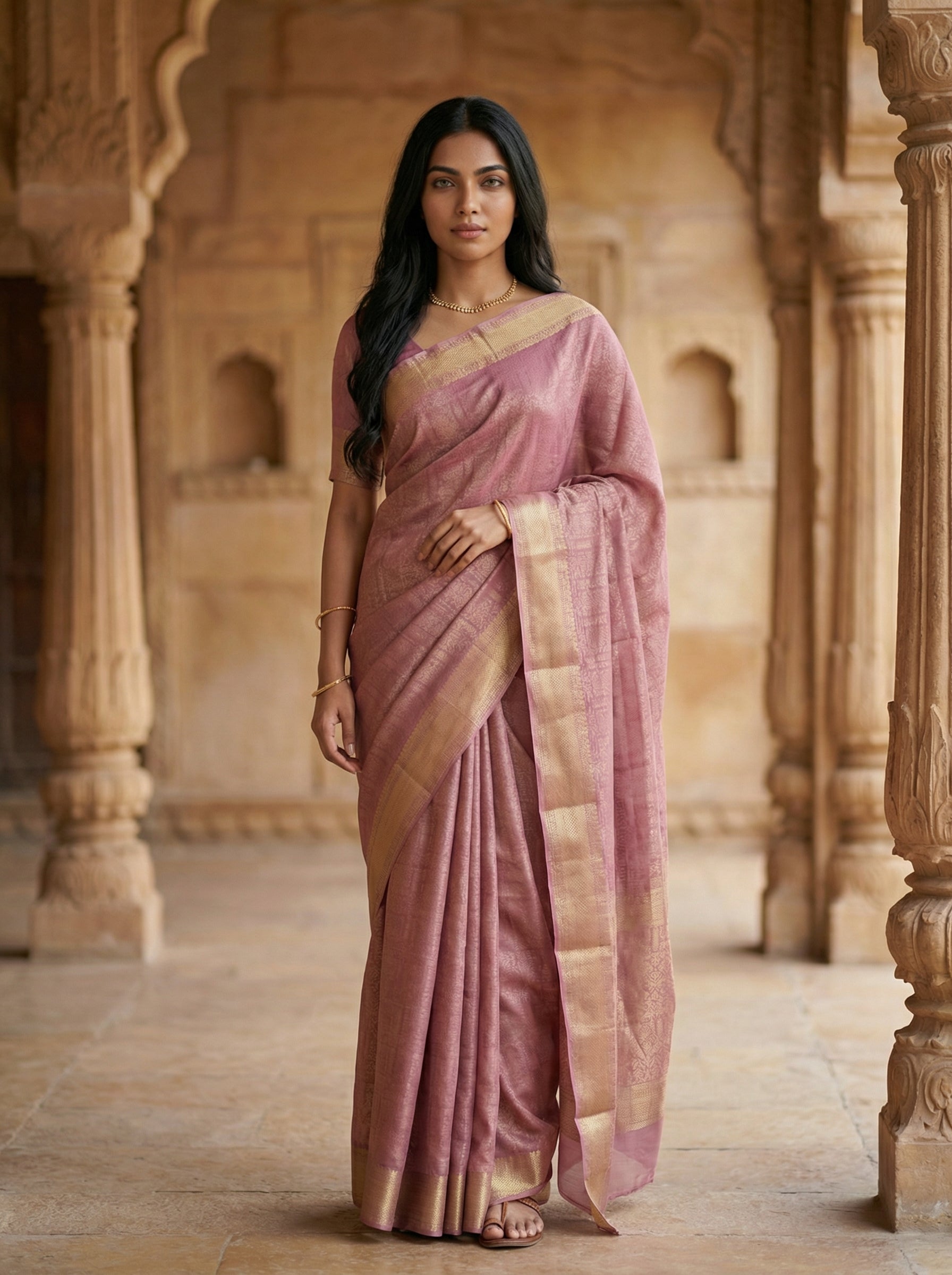Georgette Banarasi Pink Saree with Elegant Gold Zari Woven Design