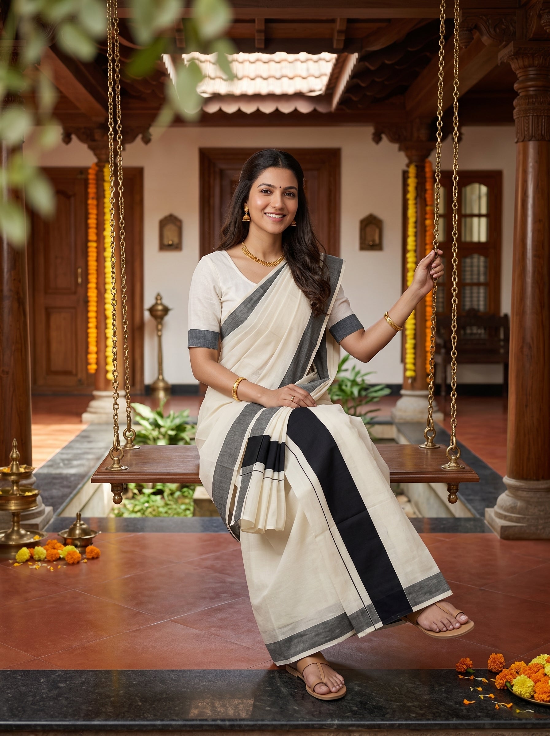 A woman wearing a cream and black saree sits on a wooden swing in a traditional courtyard. The saree has a cream body with black and gray borders, and she is wearing a matching cream blouse with gray sleeve borders.