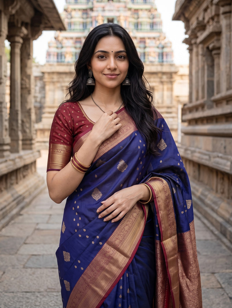 A woman wearing a royal blue silk saree with gold zari motifs and a deep red blouse, standing in a stone corridor with a temple gopuram in the background.