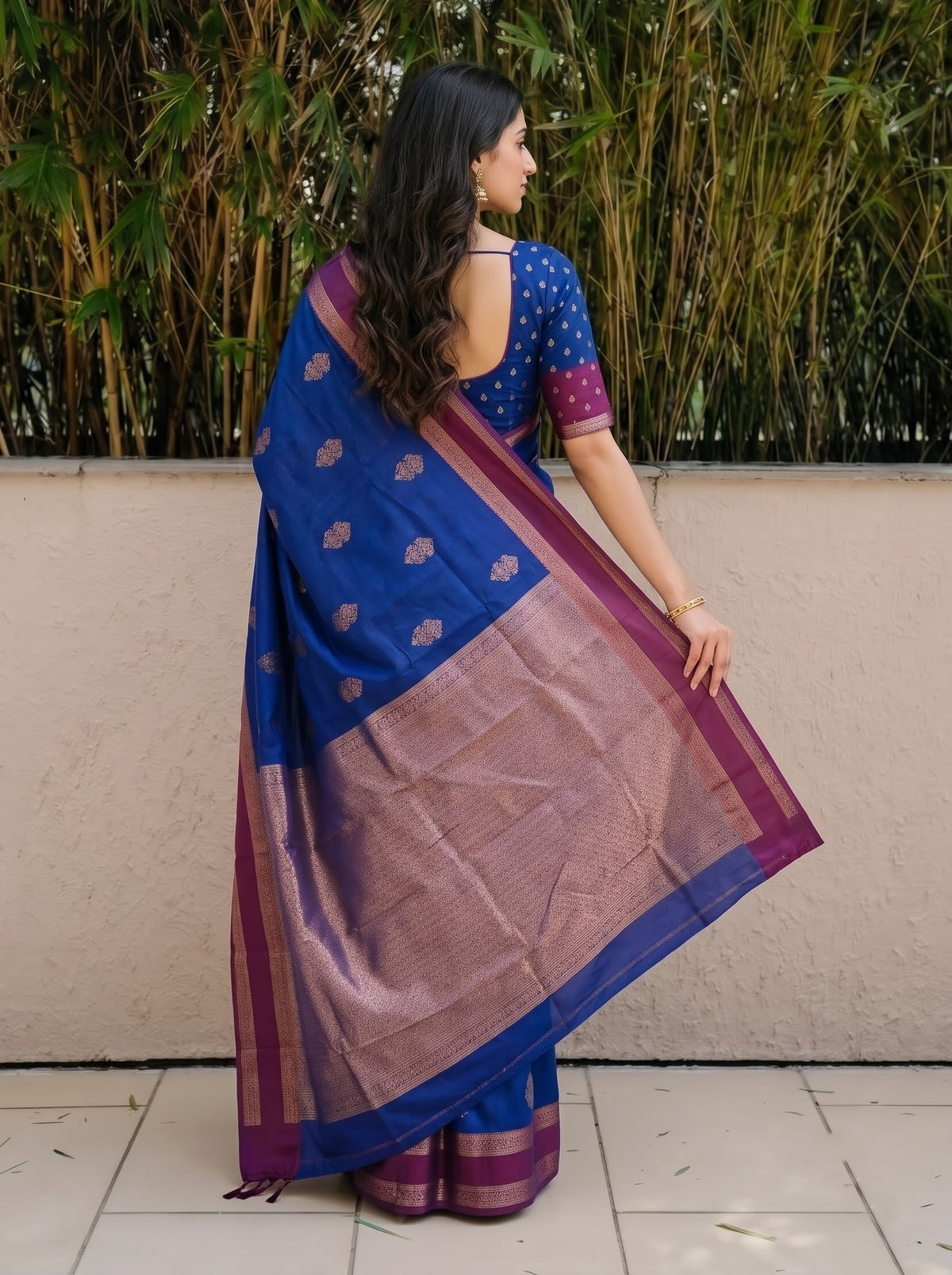 Semi Silk Royal Blue Copper Zari Butta Saree with Magenta Contrast Border and Rich Zari Jaal Pallu