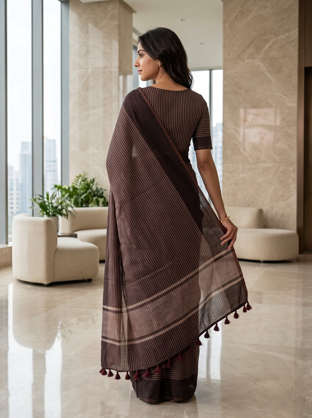 Organza Coffee Bean Color Saree with Striped Panel Design and Tassels