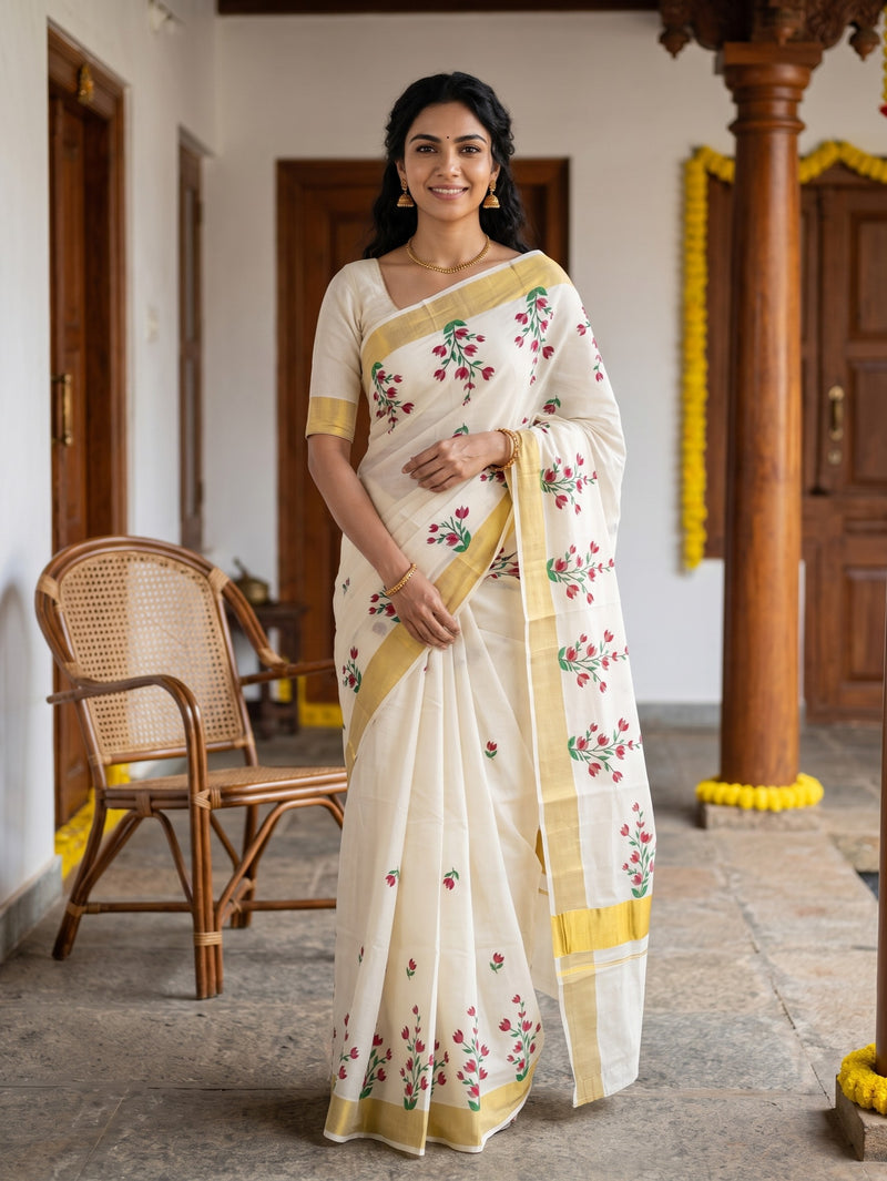A woman wearing a cream-colored cotton saree with yellow borders and red floral prints, standing in a traditional indoor setting with wooden pillars and a cane chair.