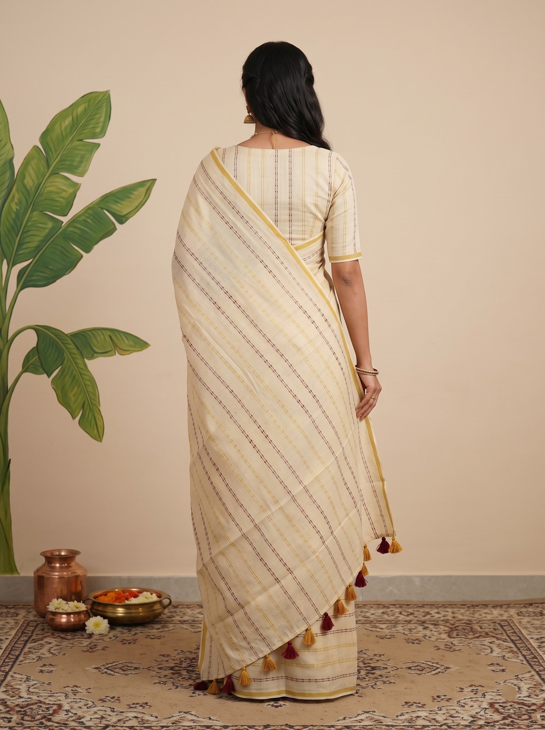 Tissue Cream Horizontal Stripe with Golden Border and Chain Motif Onam Special Kerala Saree