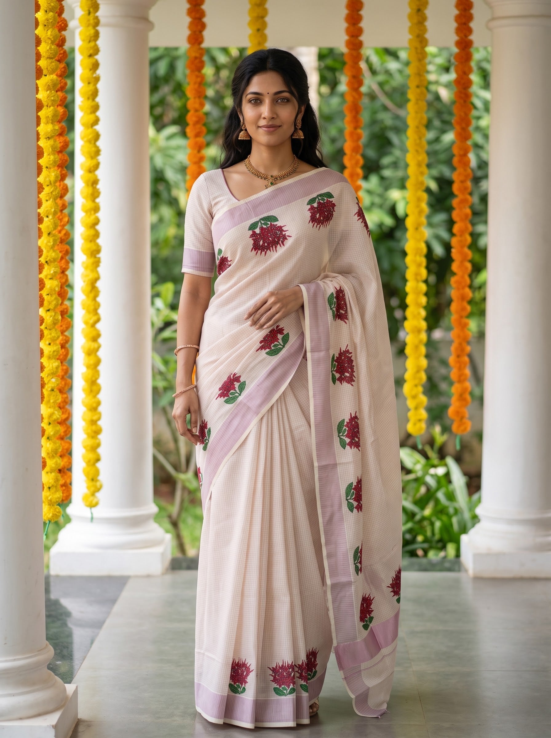 Cotton Cream Checkered Red Ixora Floral Print Onam Special Kerala Saree with Lilac Border