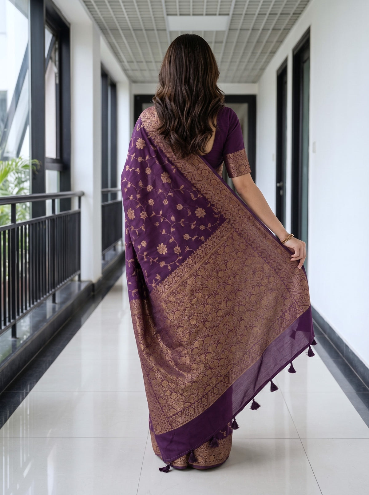 Cotton Silk Purple Gold Jacquard Floral Border Saree