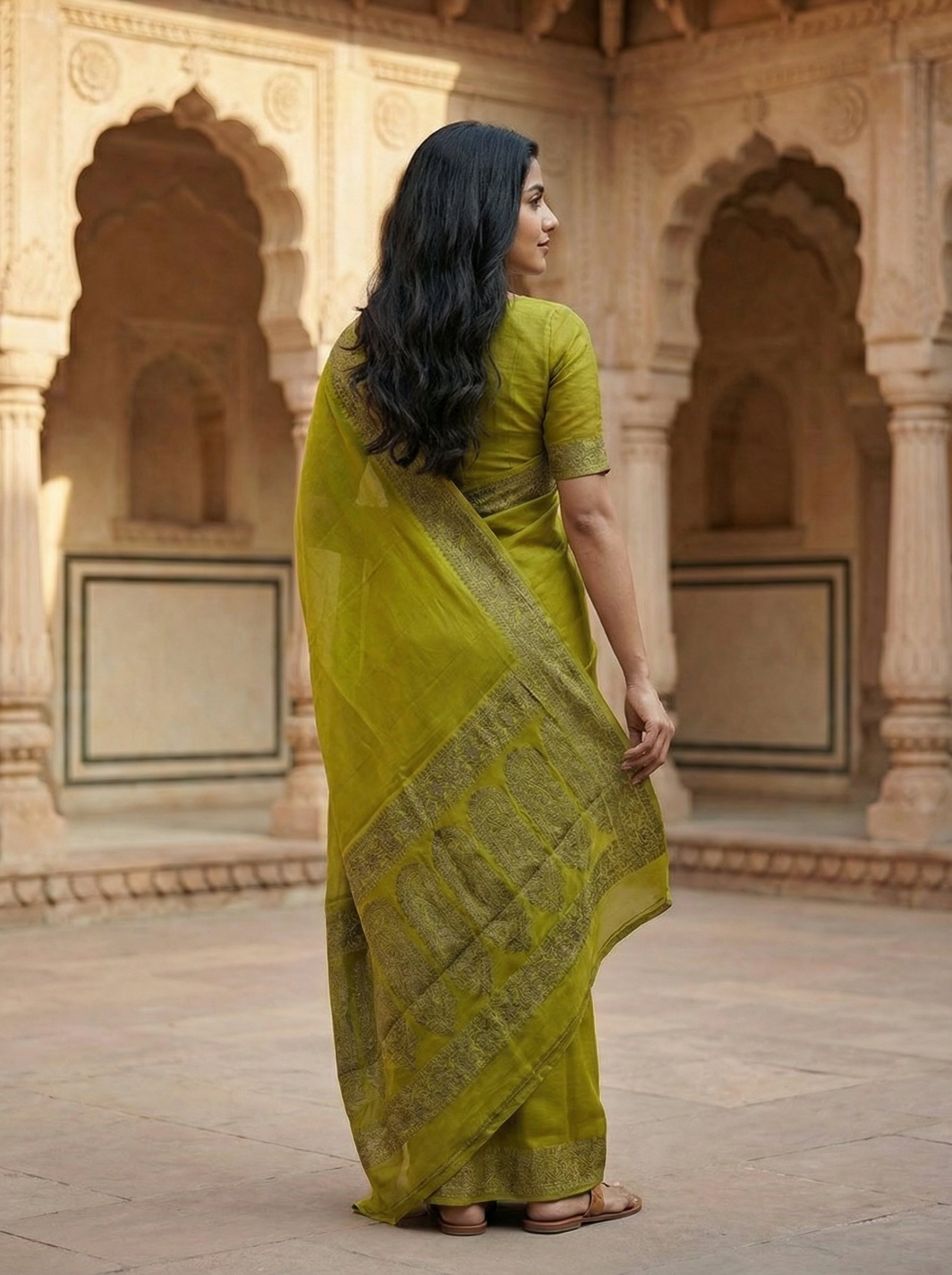 Georgette Banarasi Mehendi Green Silver Zari Border Saree