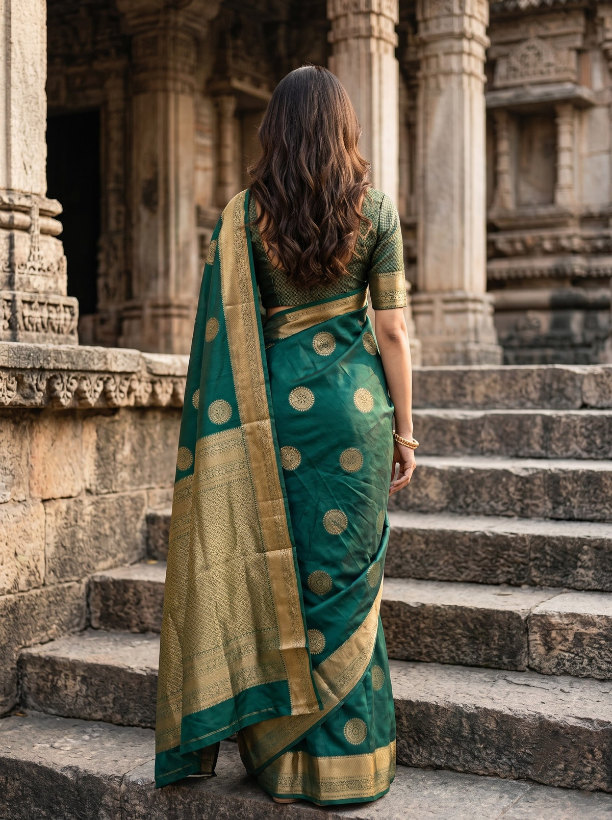 Semi Silk Green Saree with Golden Zari Woven Geometric Pallu and Peacock Paisley Buttas