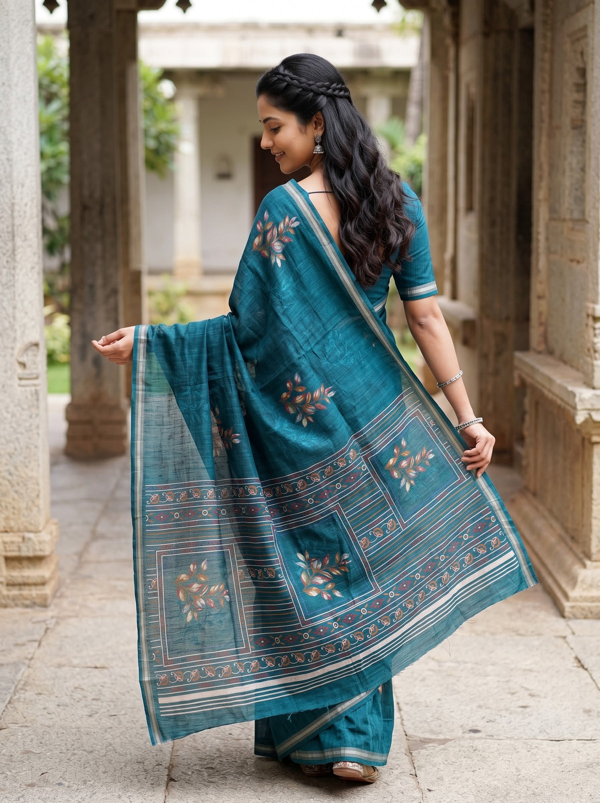 Semi Tussar Teal Green Saree with Multicolor Leaf Butta Printed Pallu and Boxed Panel Border