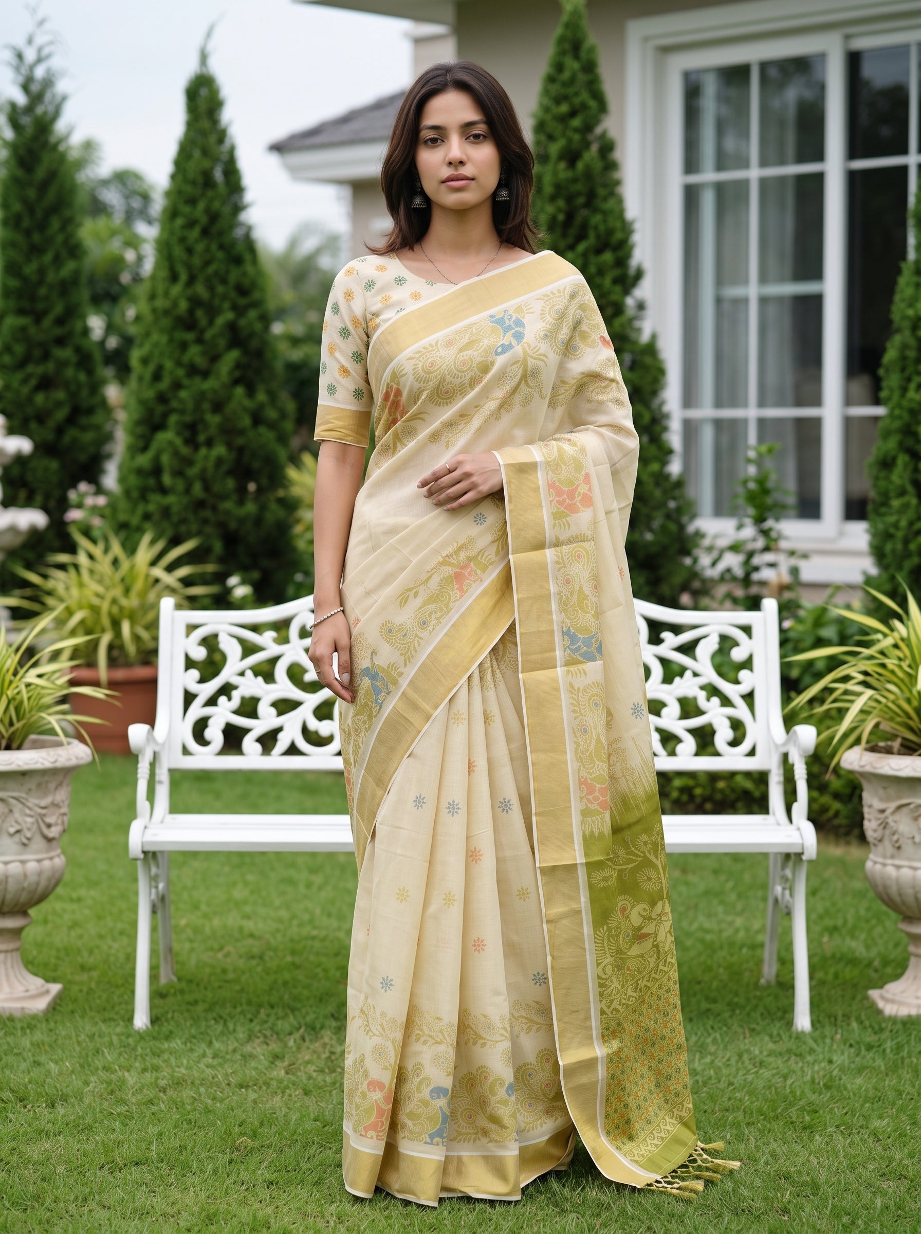 A woman stands outdoors in a garden wearing a light yellow-green saree with a floral print and a matching blouse. A white bench and house are visible in the background.