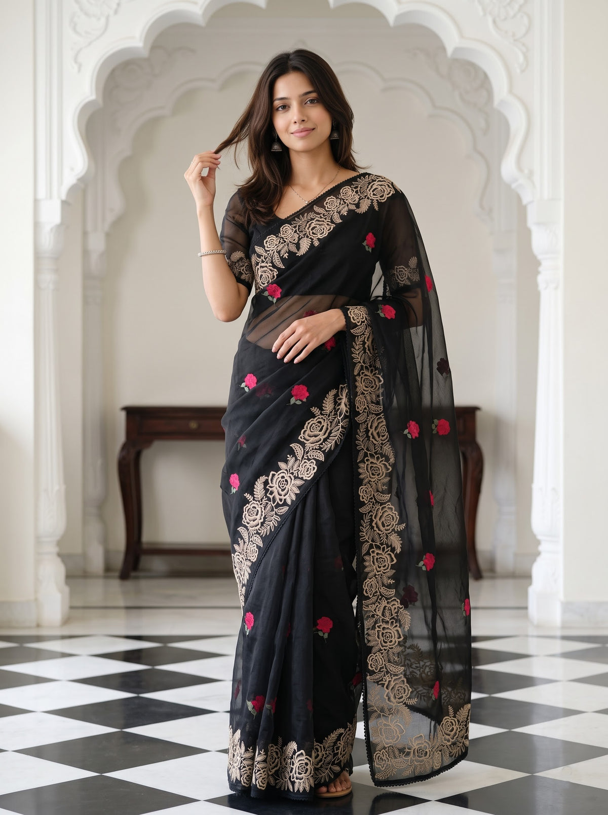 Organza Black Red Rose Embroidered Saree