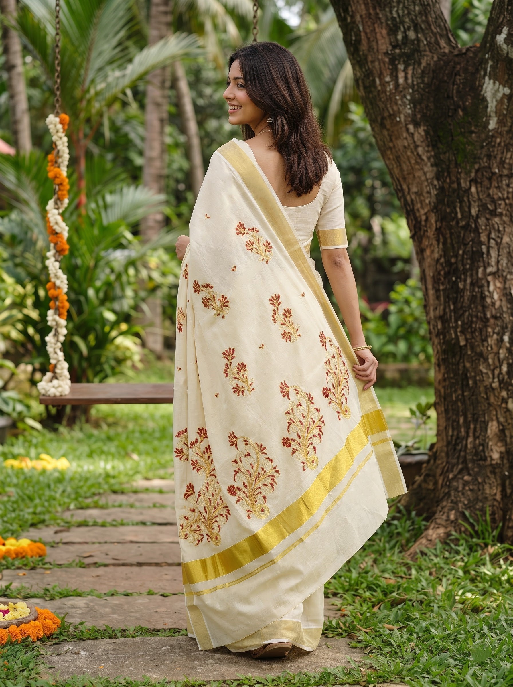Tissue Cream Maroon Gold Embroidered Floral Onam Special Kerala Saree