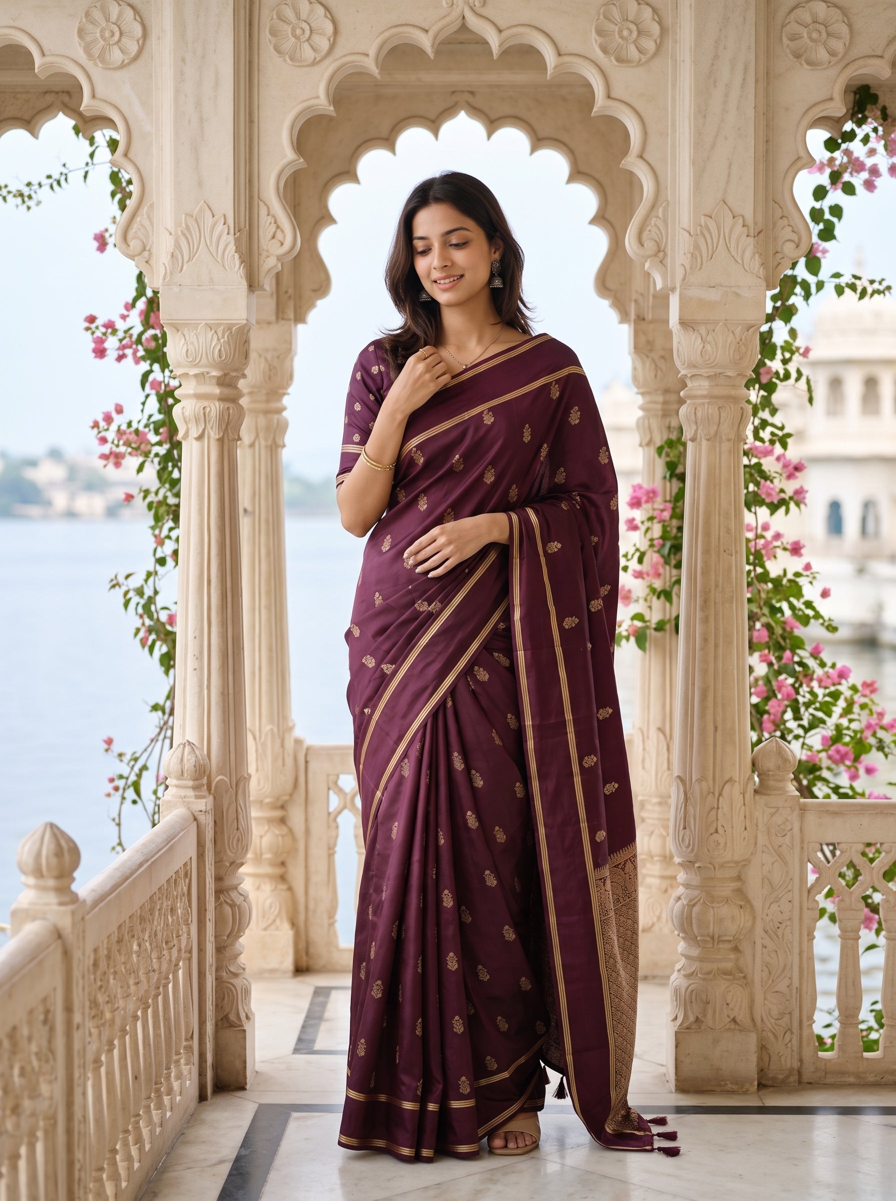 A woman wearing a deep purple silk saree with gold border and motifs, standing in a traditional Indian pavilion with water and pink flowers in the background.