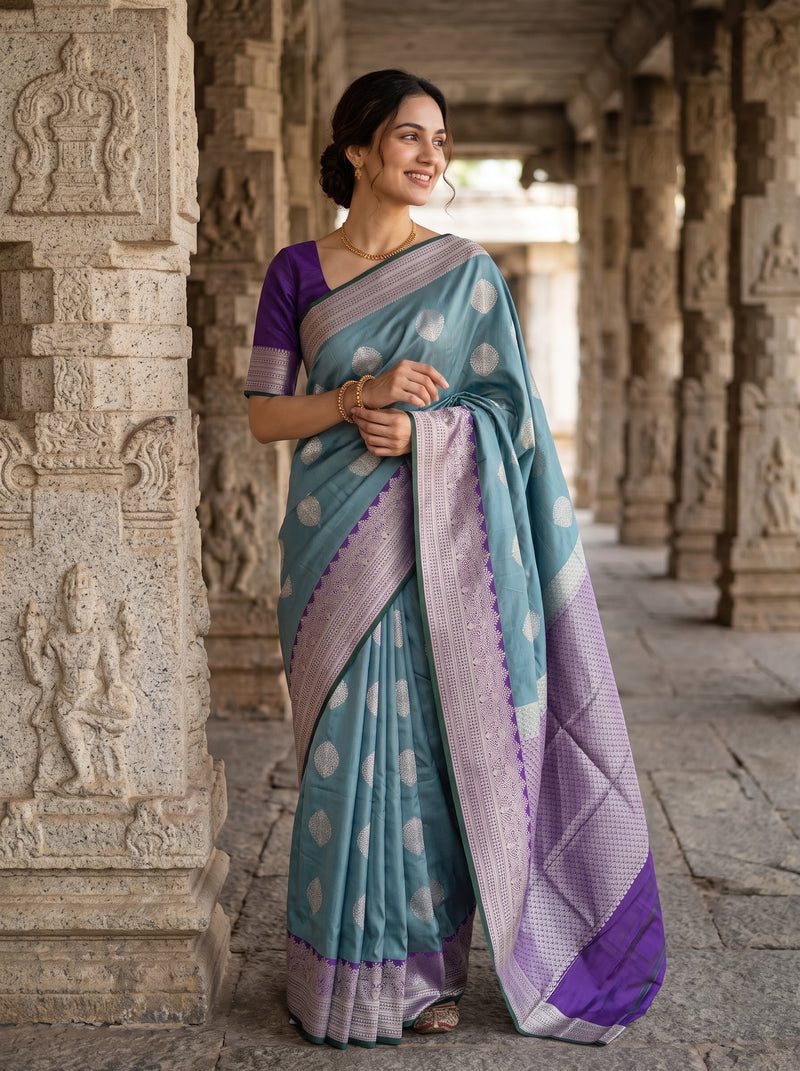 A woman wearing a light blue and lavender purple saree with white polka dots and a purple blouse, standing in a stone corridor with carved pillars.
