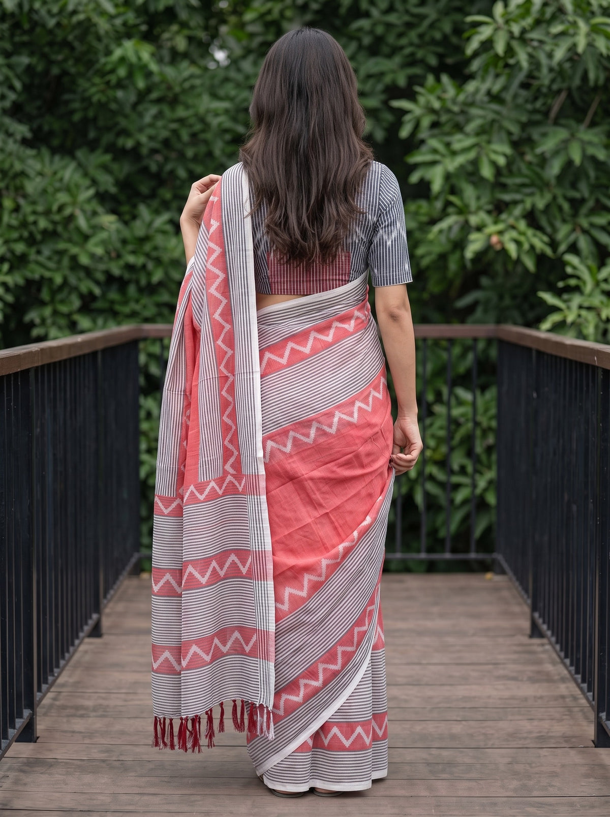 Cotton White Saree with Coral Pink Zigzag Chevron Border