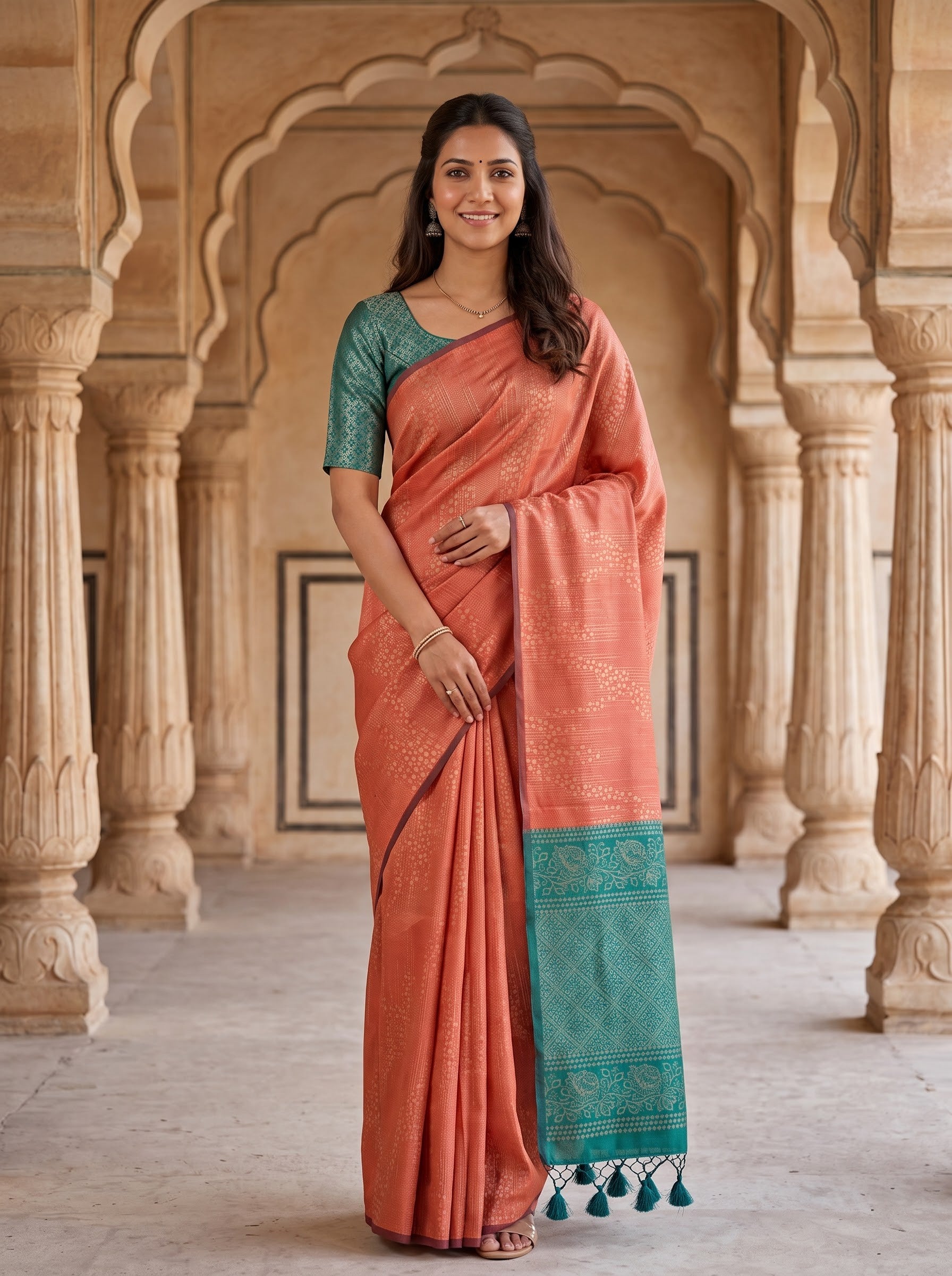 A woman stands in a stone arcade wearing a peach-orange saree with a teal green border and matching teal green short-sleeve blouse. The background features warm beige arches and columns.
