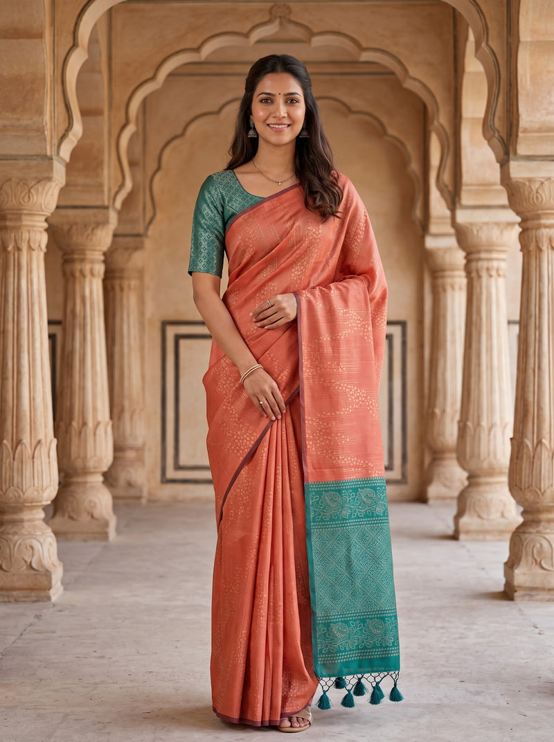 A woman stands in a stone arcade wearing a peach-orange saree with a teal green border and matching teal green short-sleeve blouse. The background features warm beige arches and columns.