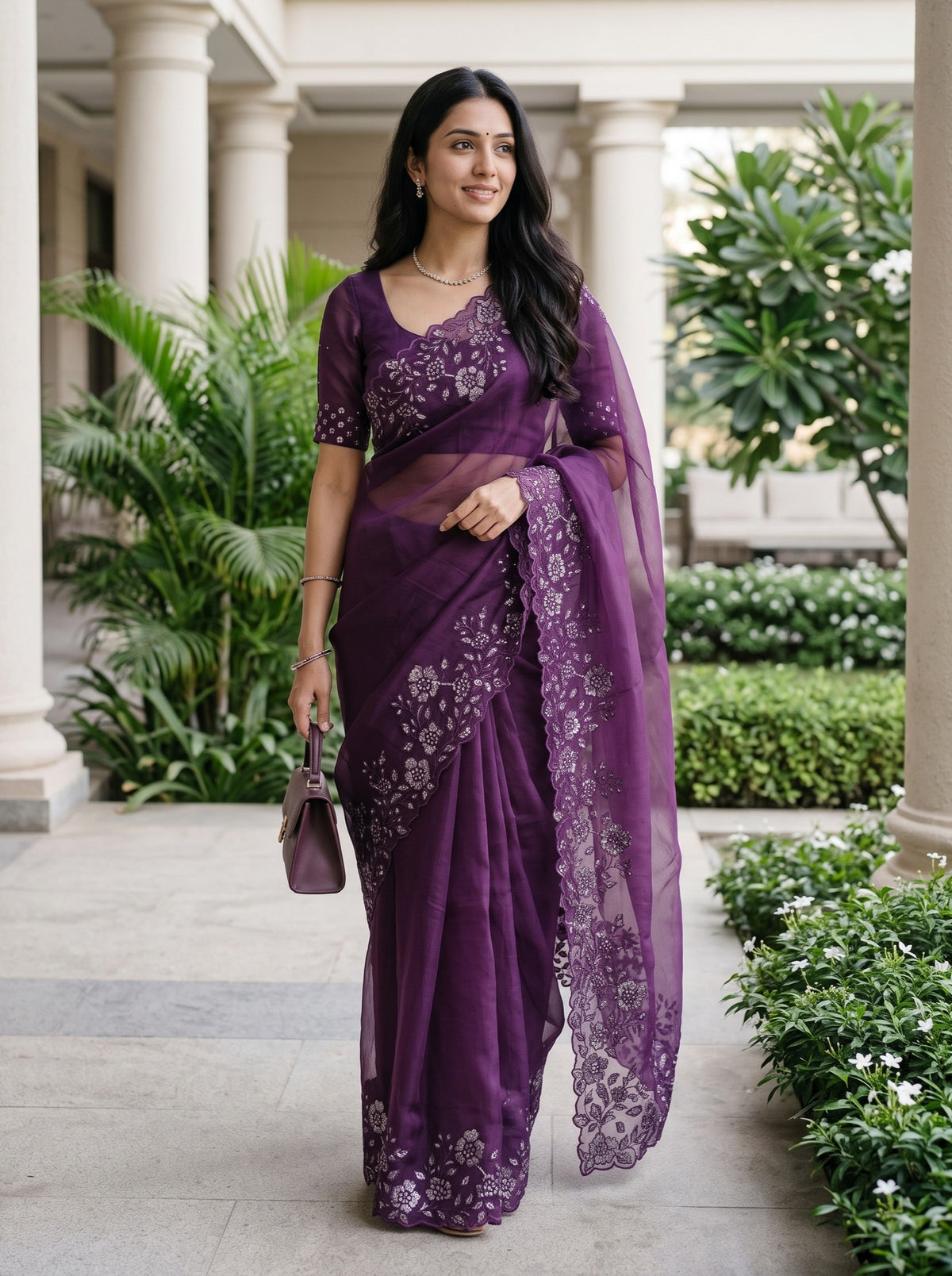 Organza Purple Saree with Sequin Floral Border