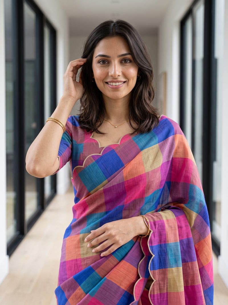 A woman wearing a vibrant multicolor checkered saree with pink, blue, orange, and beige blocks, standing in a modern hallway with tall black-framed windows.