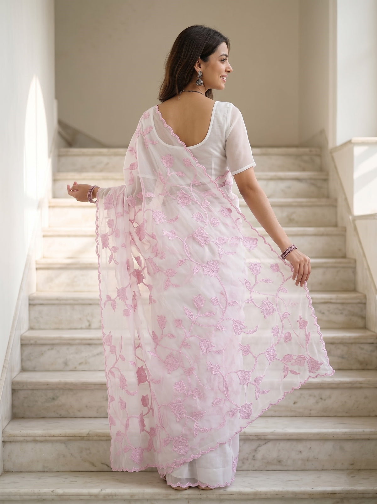 Organza White Pink Floral Vine Rosebud Embroidery Scalloped Edge