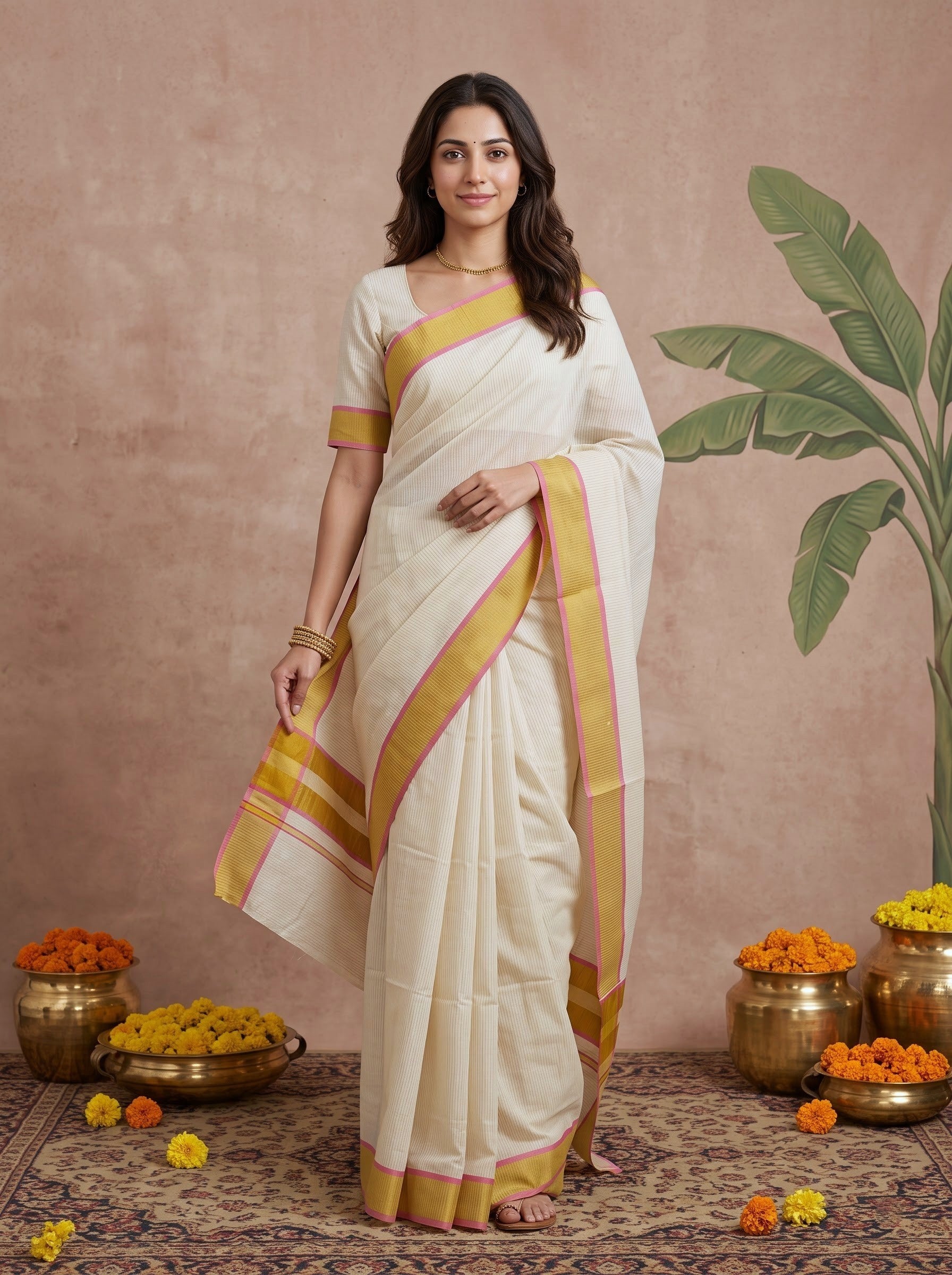 Cotton Cream Fine Pinstripe with Golden Pink Border Onam Special Kerala Saree