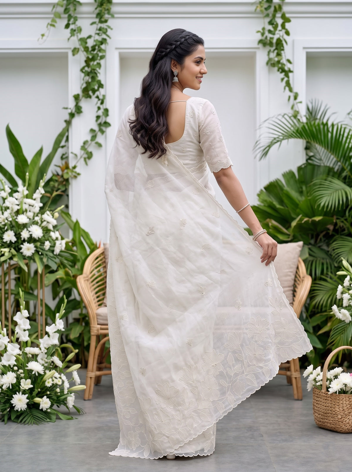 Organza Ivory Saree with Tonal Floral Vine and Sequin Work