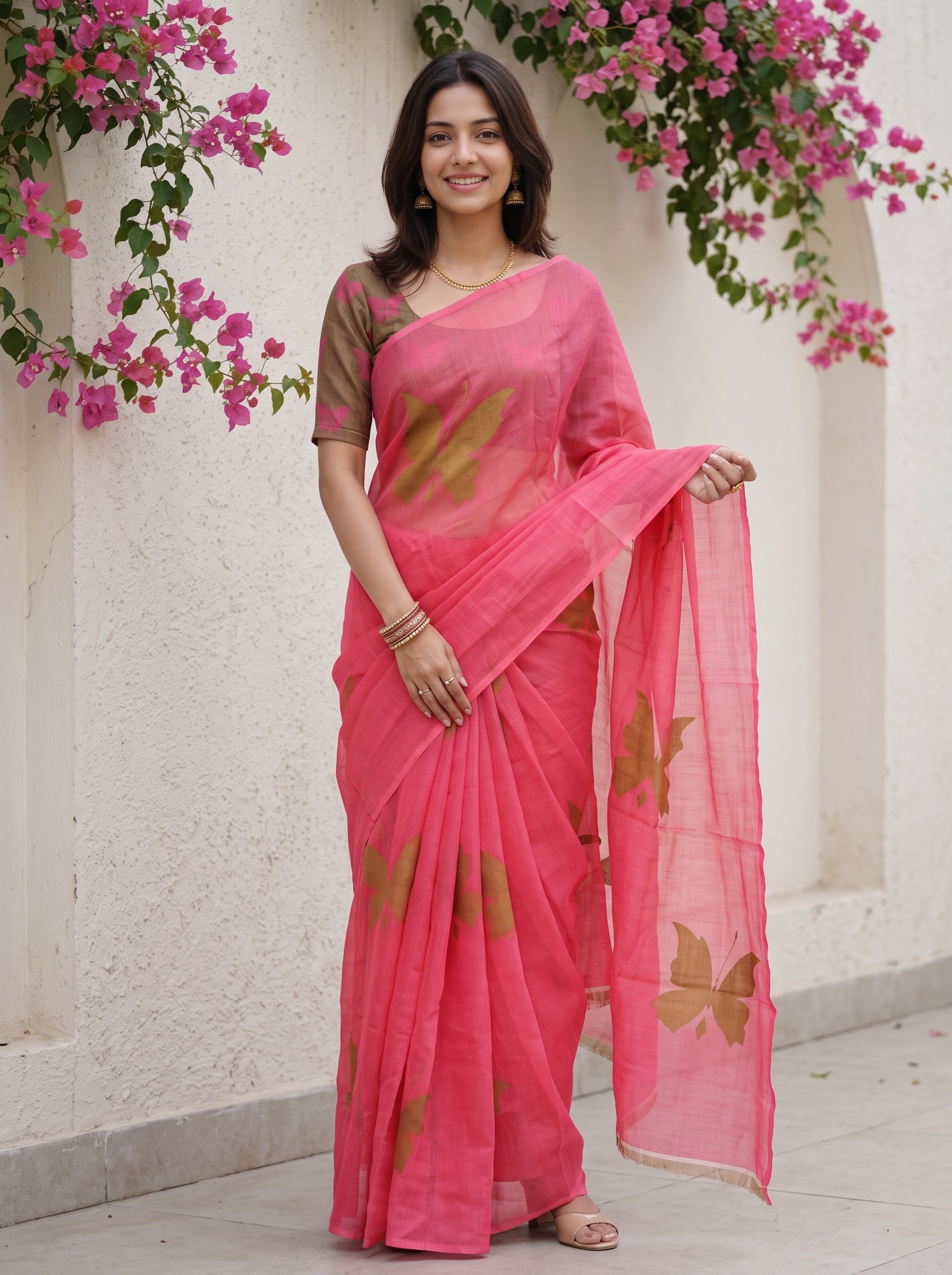 A woman wearing a bright pink saree with gold butterfly motifs and sheer sleeves, standing against a white wall with pink flowers.