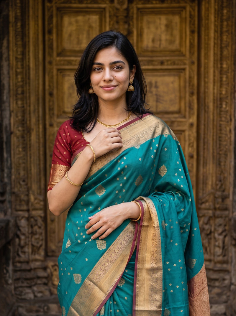 A woman wearing a teal green silk saree with gold zari motifs and a red blouse, standing in front of a carved wooden door.