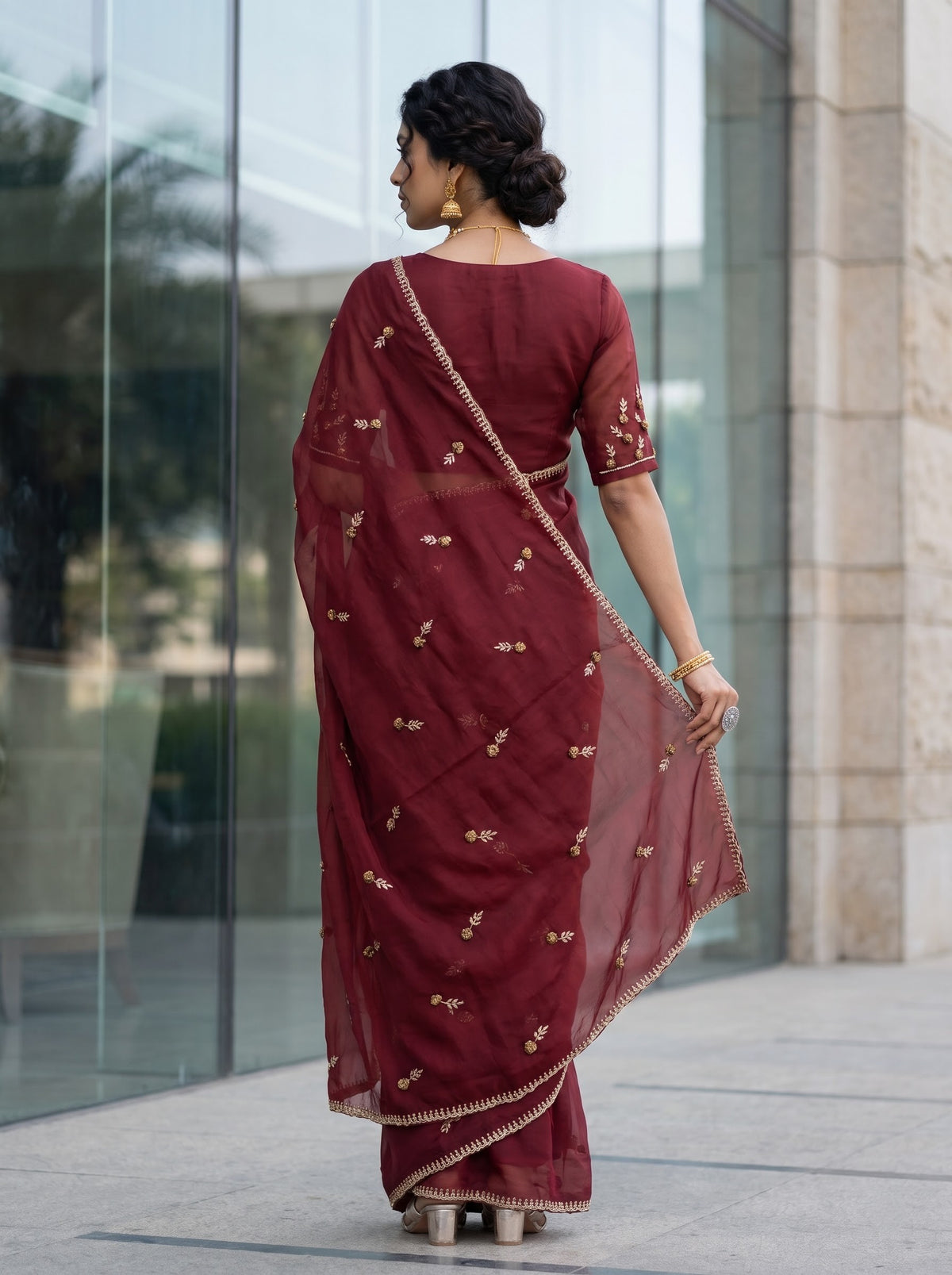 Chiffon Maroon Golden Bead Floral Spray Saree