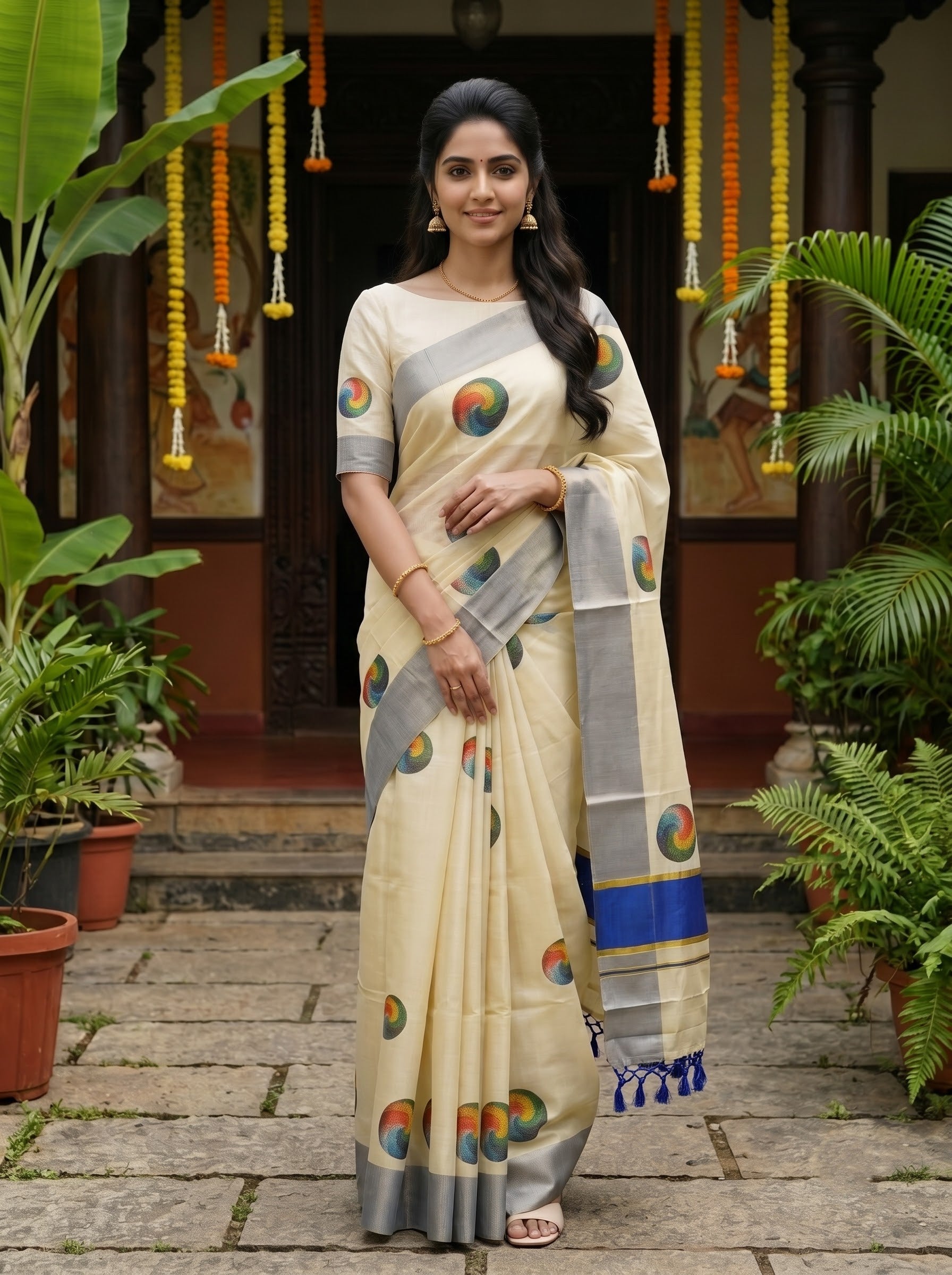 Tissue Cream Multicolor Swirl Motif with Grey Border Onam Special Kerala Saree