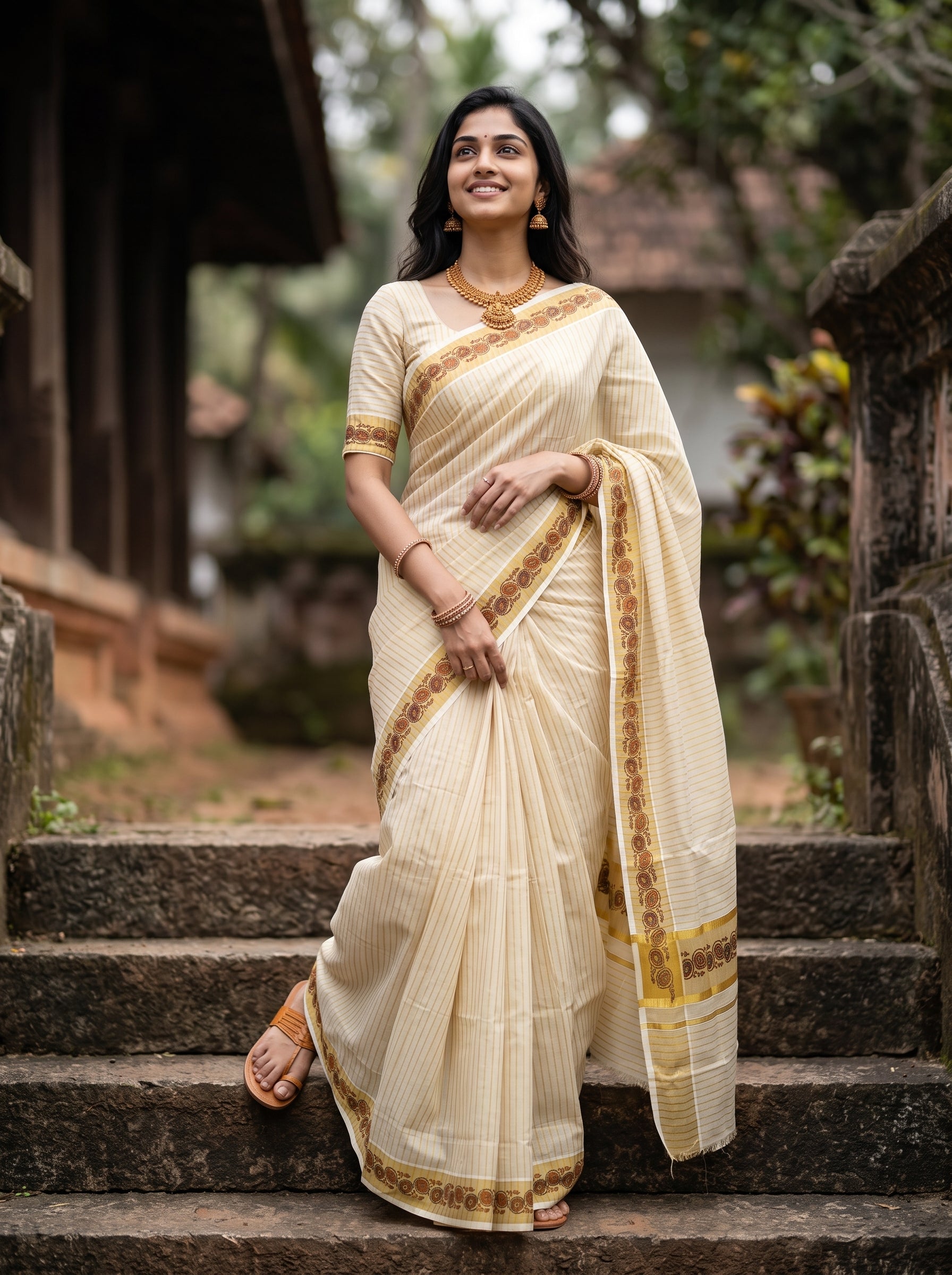 Cotton Cream Striped with Floral Medallion Print Border Set Saree