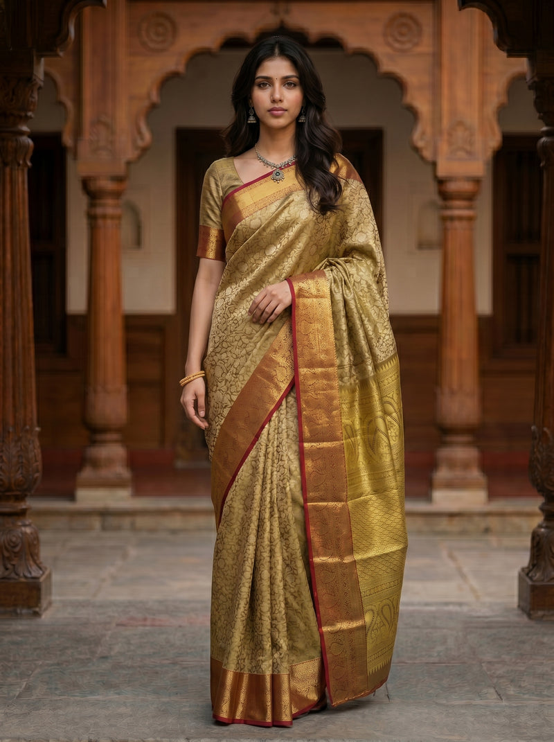Woman wearing a traditional gold saree with a patterned border in an indoor setting.