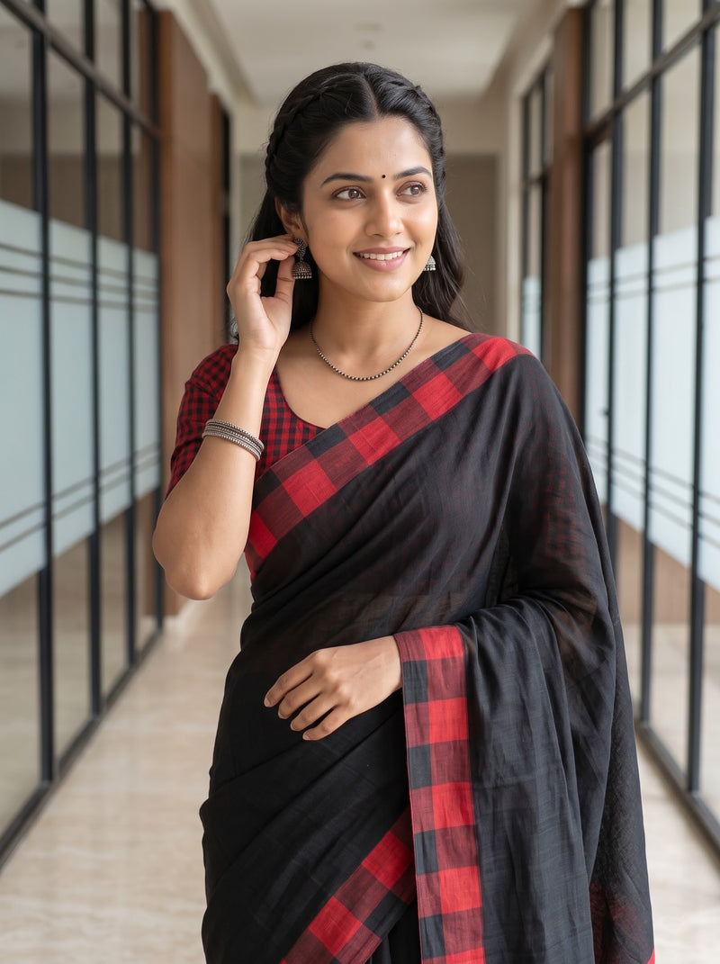 A woman wearing a black and red checkered saree with a matching checkered blouse, standing in a modern office hallway.