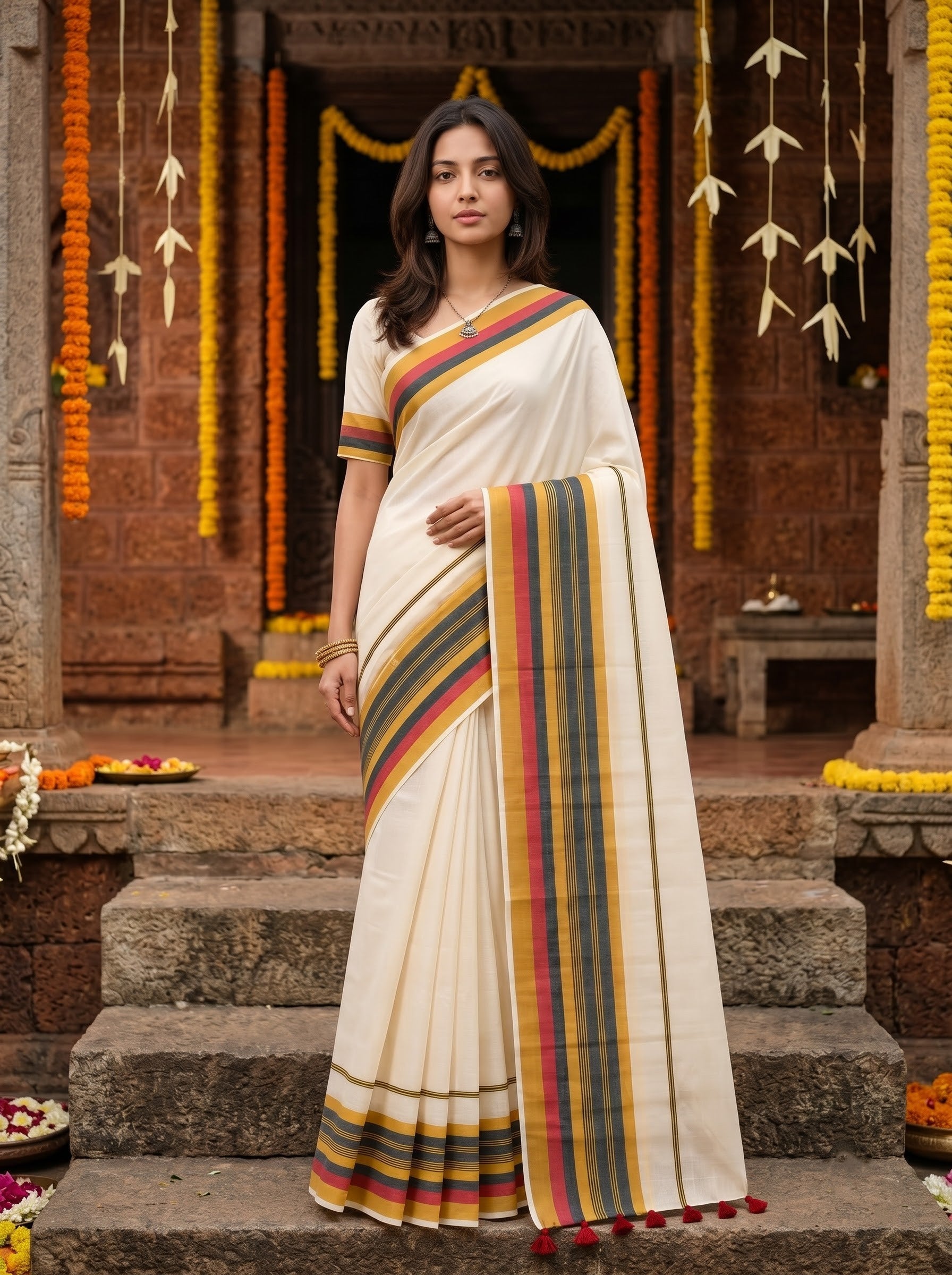 Mul Mul Cotton Cream Red Black Striped Tasseled Onam Special Kerala Saree