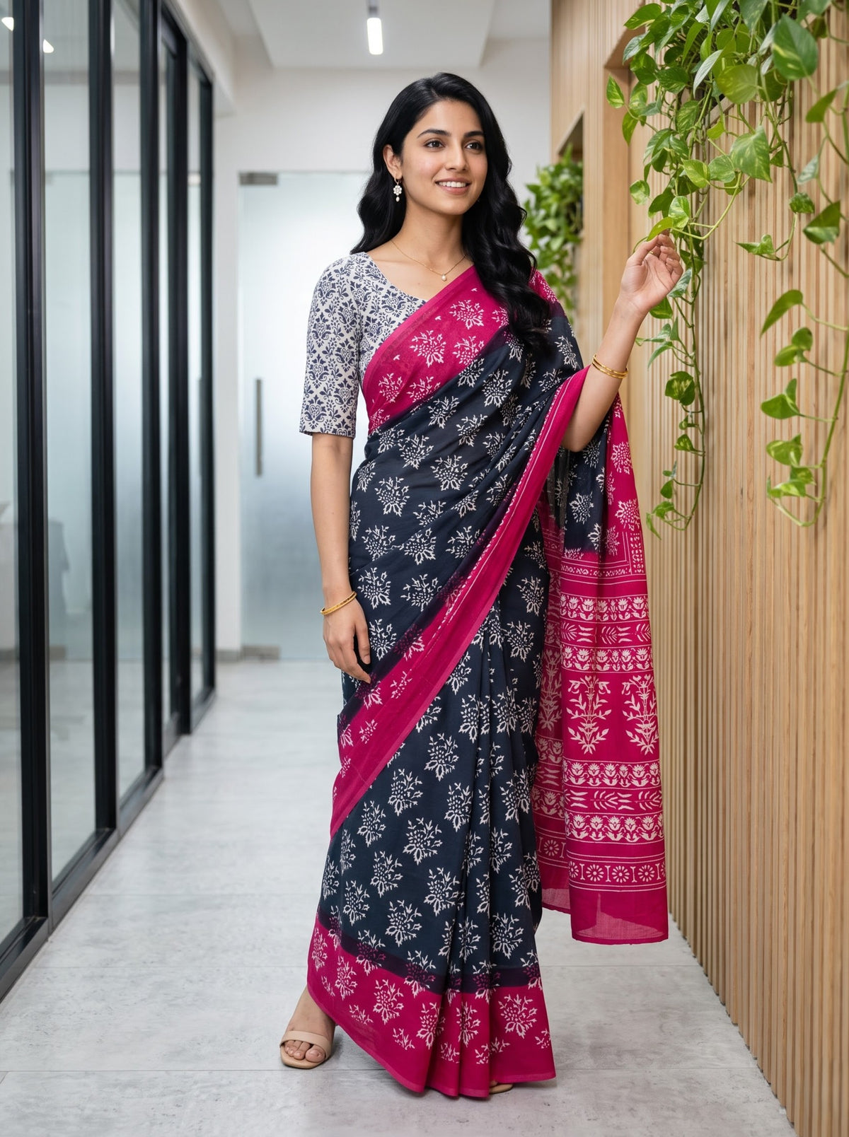 Cotton Charcoal Grey Saree with White Floral Butta Print and Pink Bhagalpuri Border