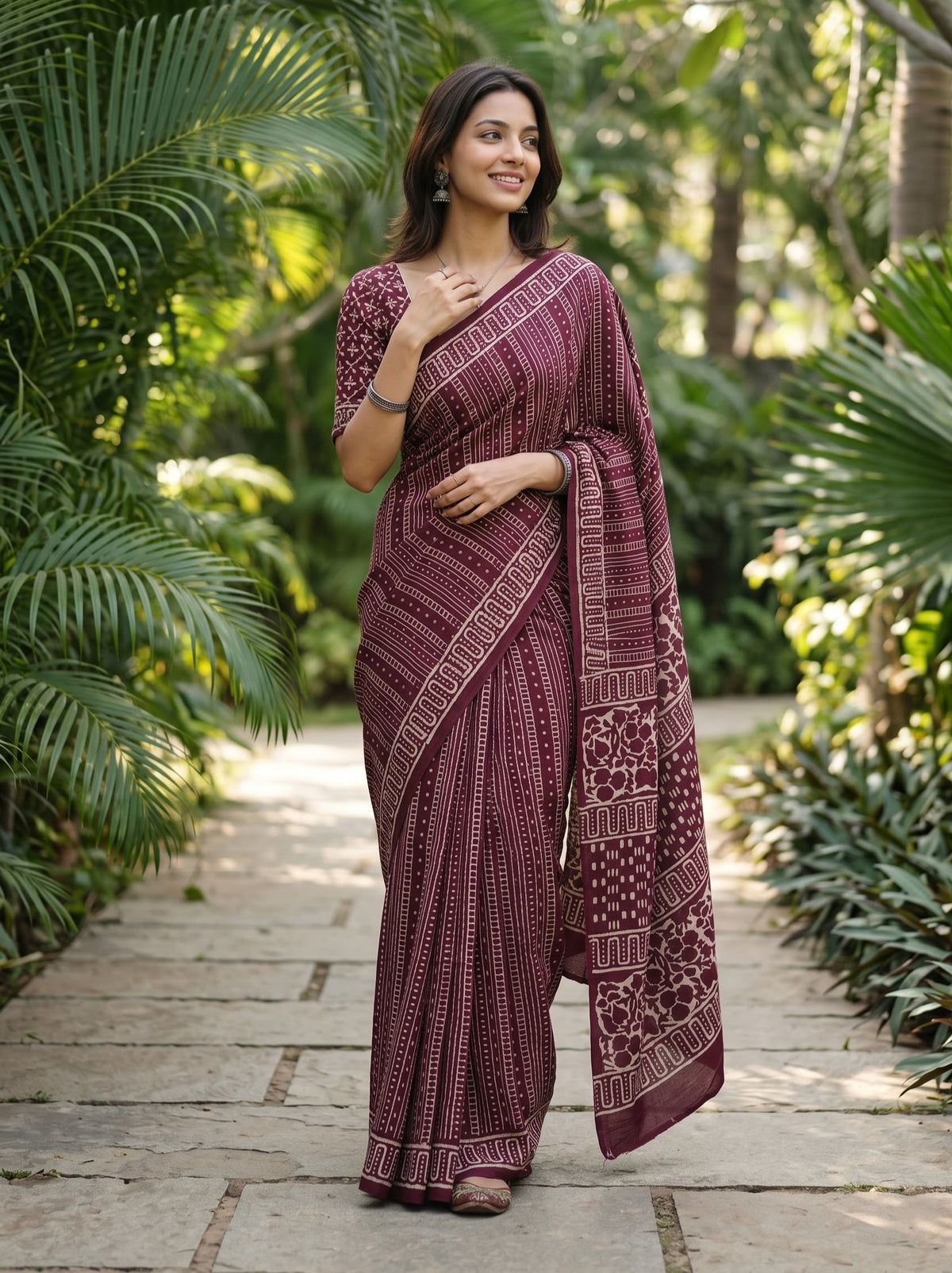 Cotton Wine Maroon Saree with Cream Floral Jaal Printed Pallu and Greek Key Border