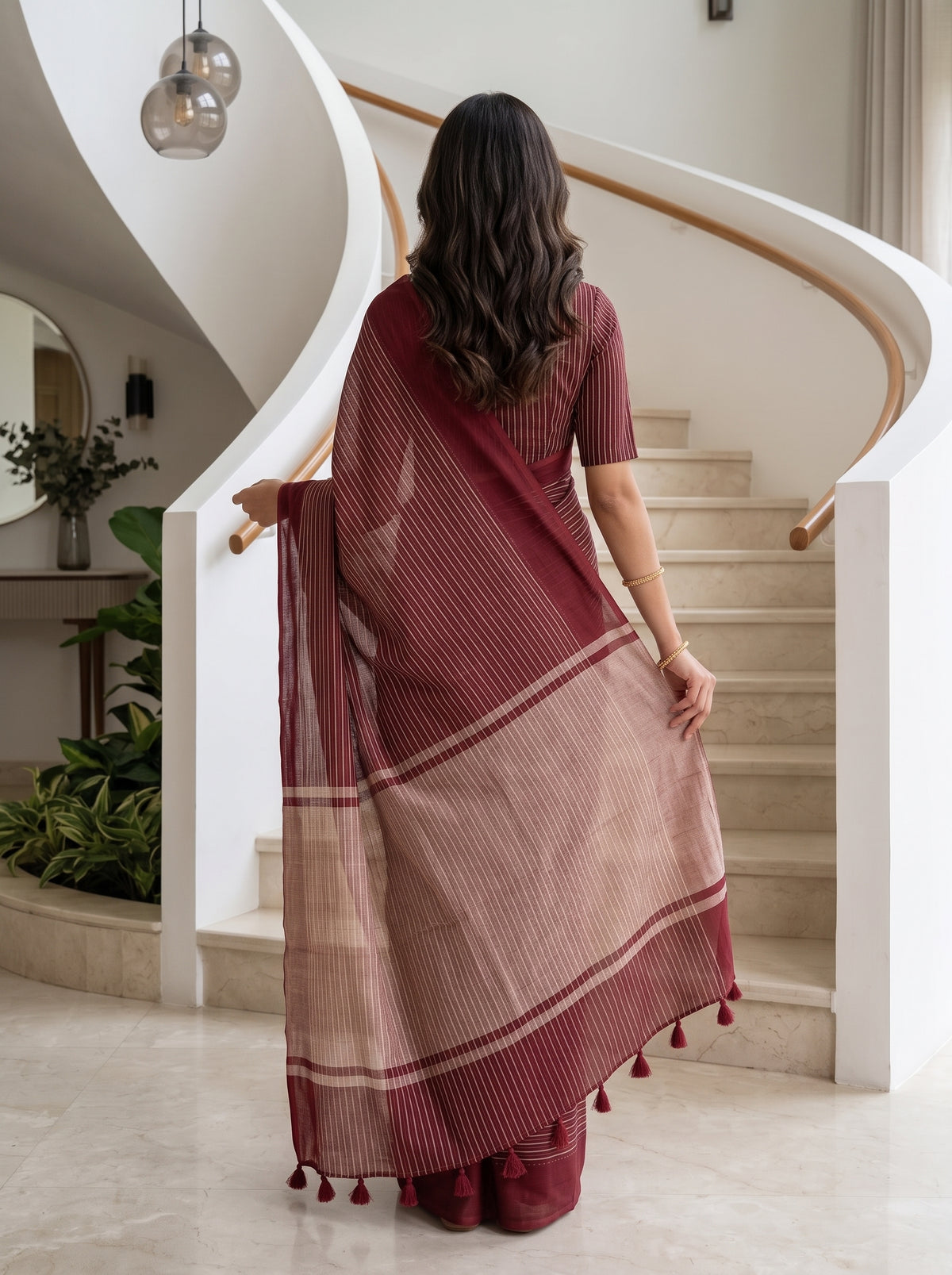 Organza Maroon Saree with Fine Pinstripe Weave