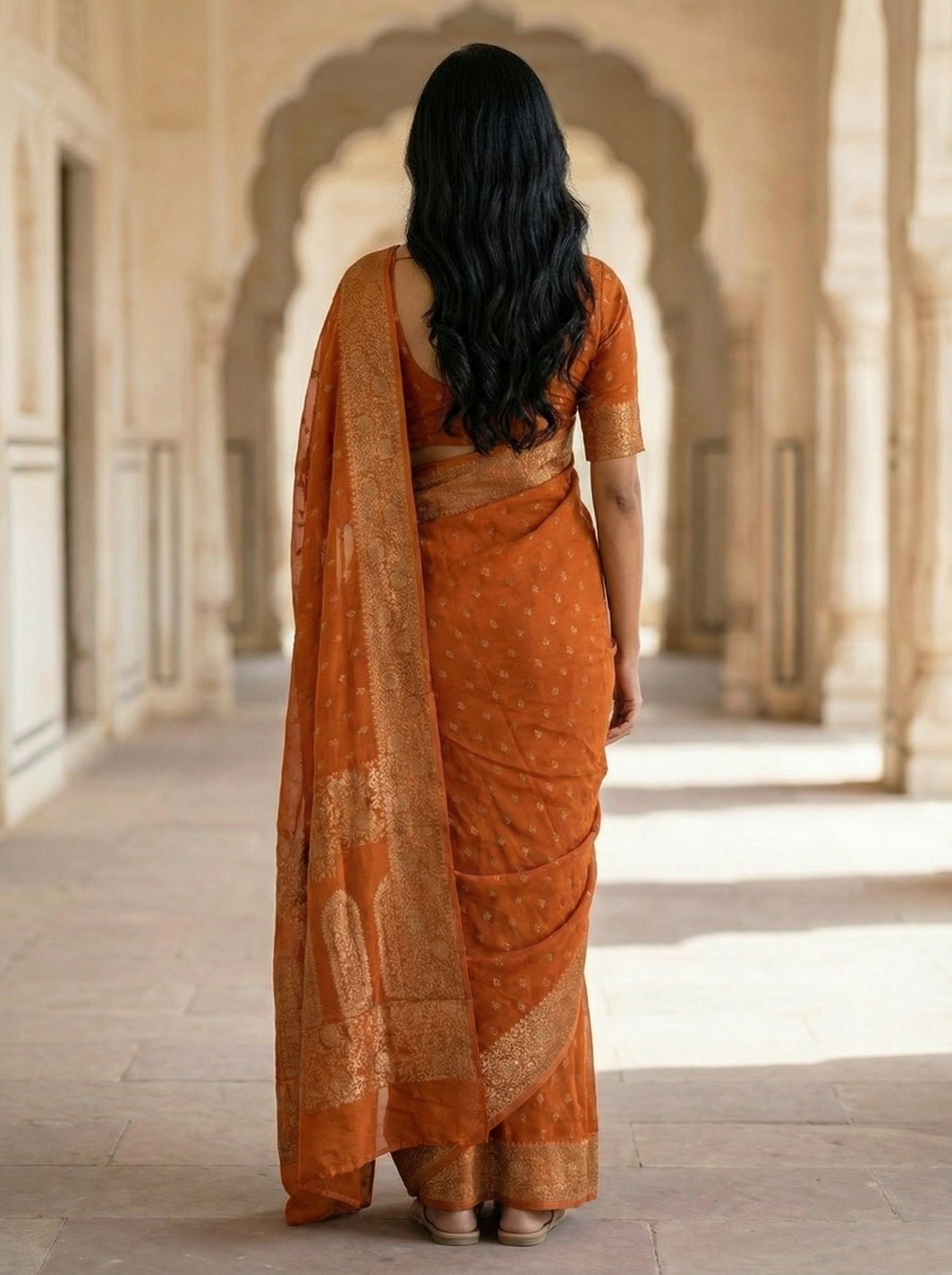 Georgette Banarasi Copper Orange Gold Zari Motif Saree