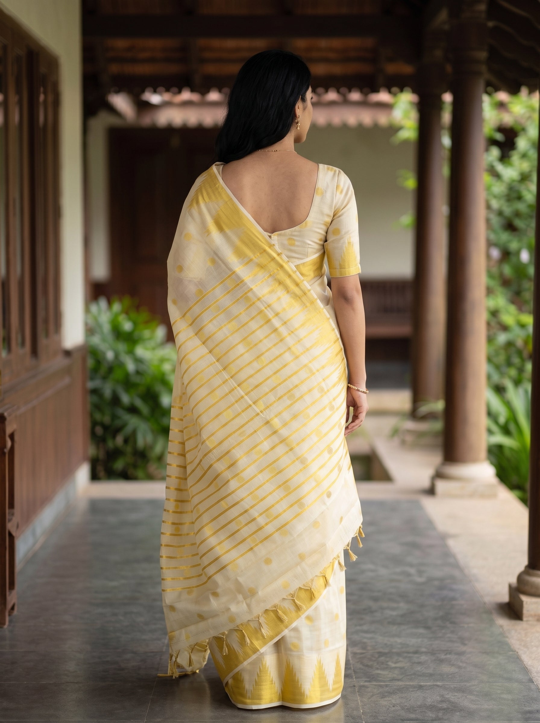 Tissue  Cream Golden Polka Dot Temple Border Onam Kerala Saree