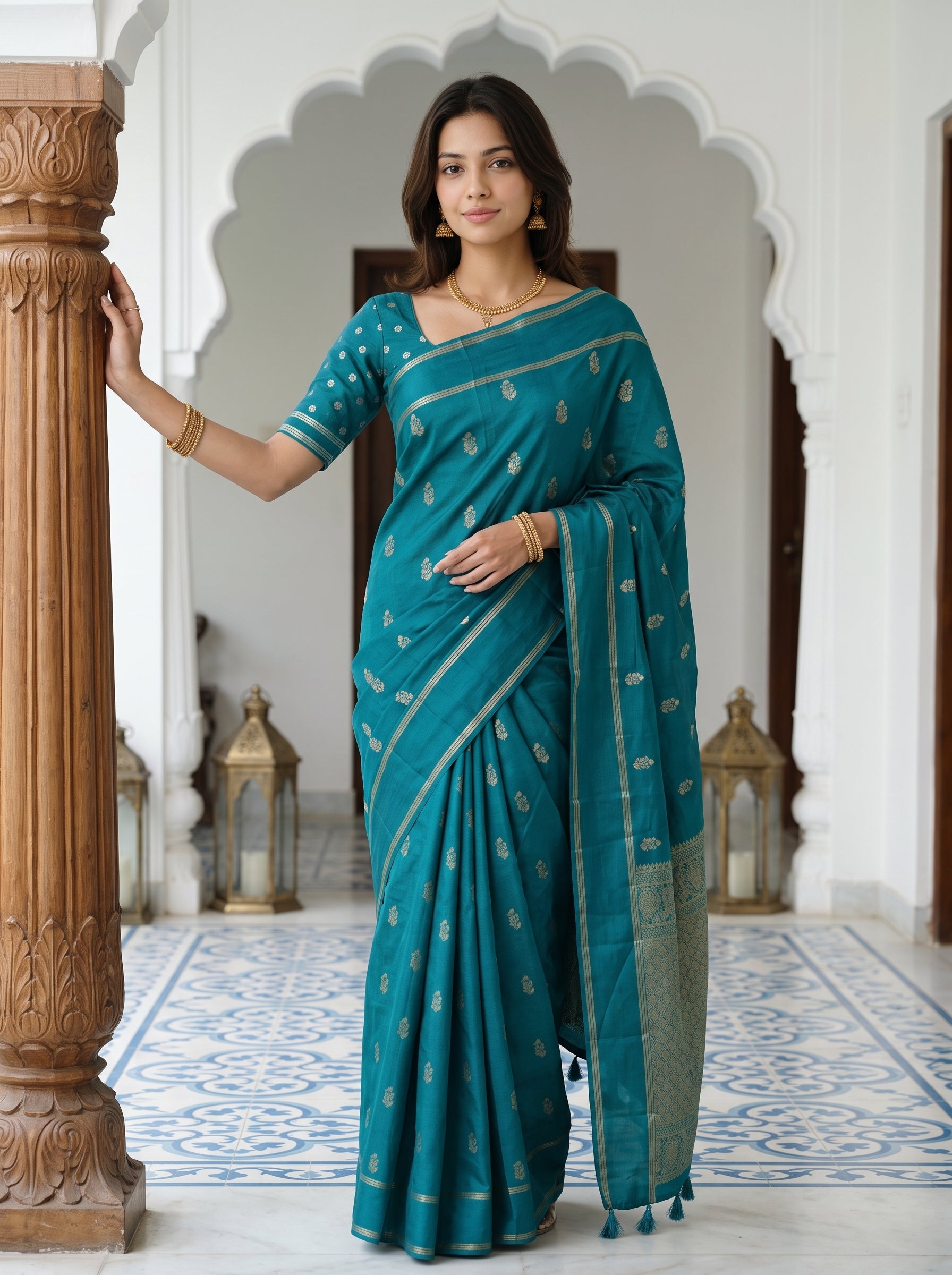 A woman wearing a teal blue-green silk saree with gold zari embroidery and a matching blouse, standing in a traditional Indian courtyard with arches and pillars.