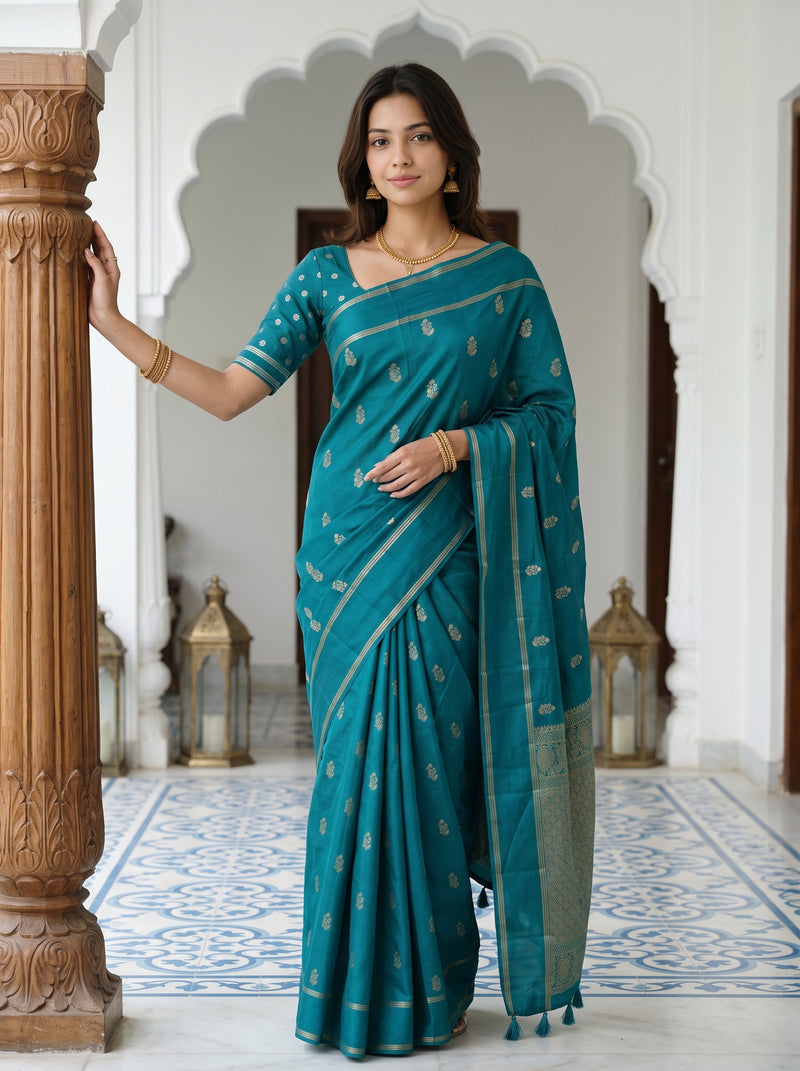 A woman wearing a teal blue-green silk saree with gold zari embroidery and a matching blouse, standing in a traditional Indian courtyard with arches and pillars.