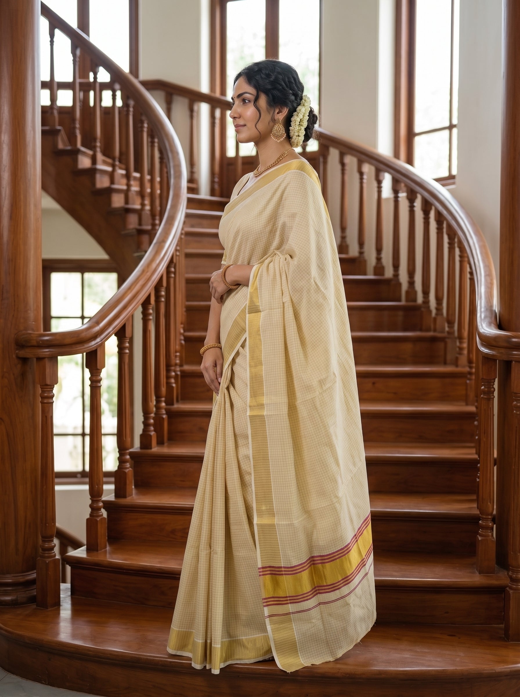 A woman wearing a cream-colored silk saree with yellow and red border stripes stands on a wooden staircase in a traditional Indian setting.