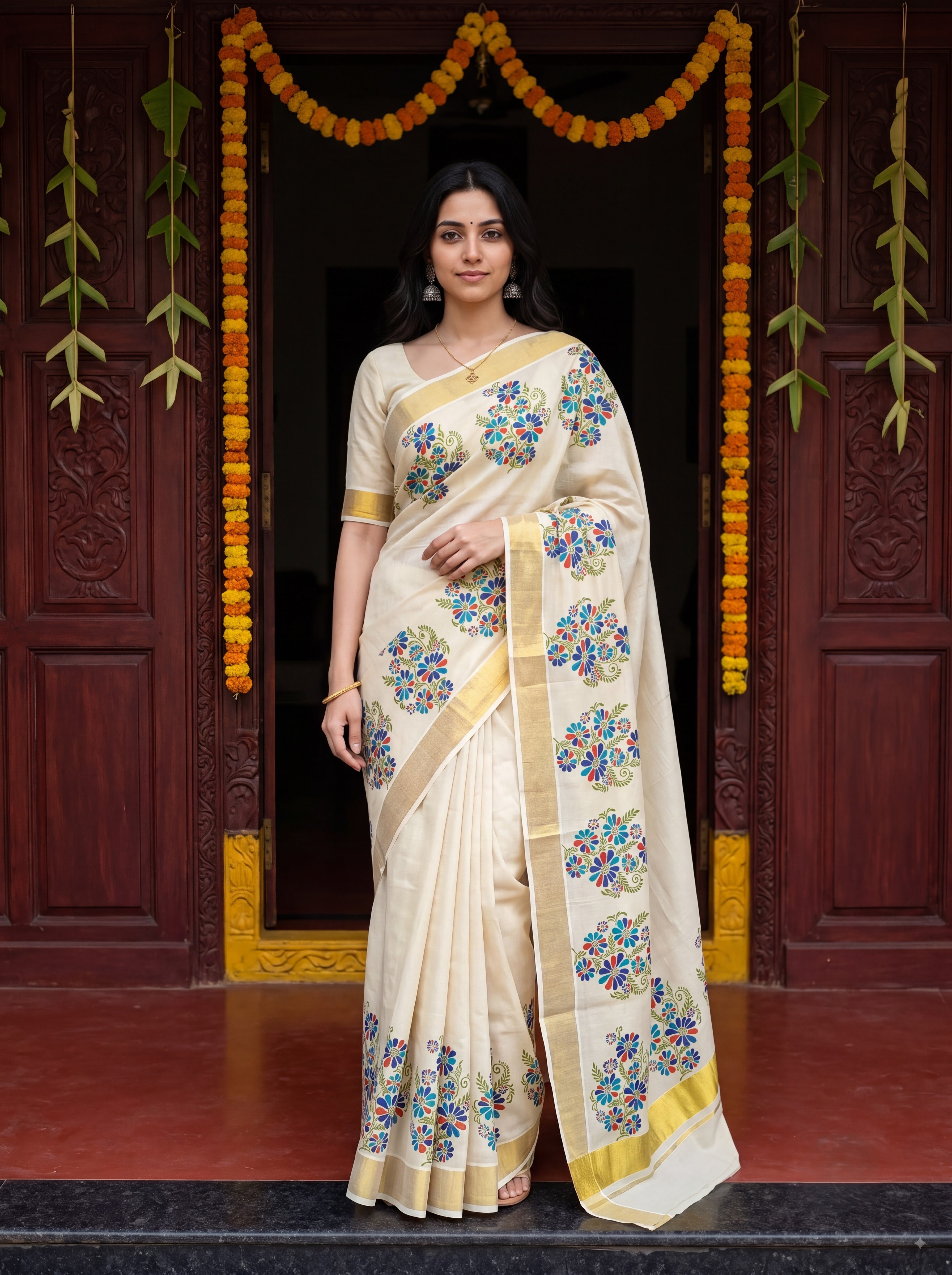 A woman stands in front of a dark wooden doorway decorated with orange marigold garlands and green hanging leaves, wearing a cream-colored silk saree with blue, green, and gold floral motifs and a gold border.