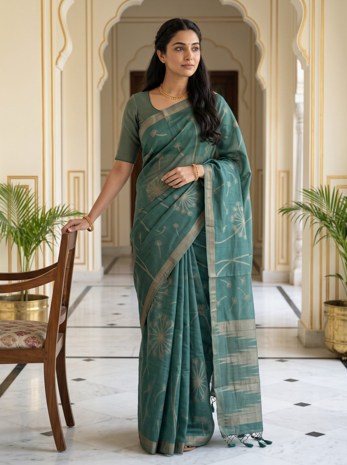 Matka Silk Green Dandelion Print Saree