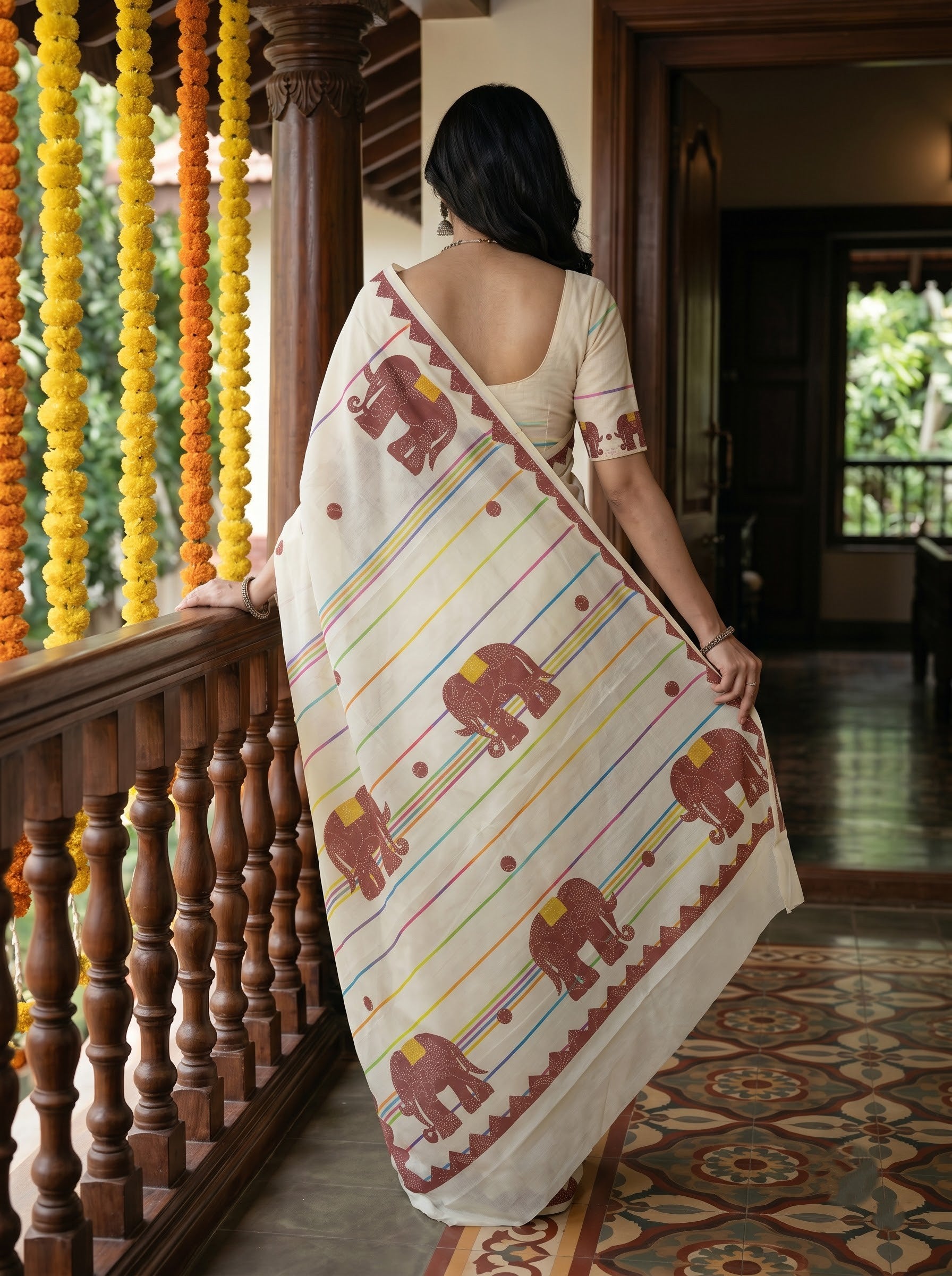Cotton Cream Maroon Madhubani Elephant Print with Tribal Border Onam Special Kerala Saree