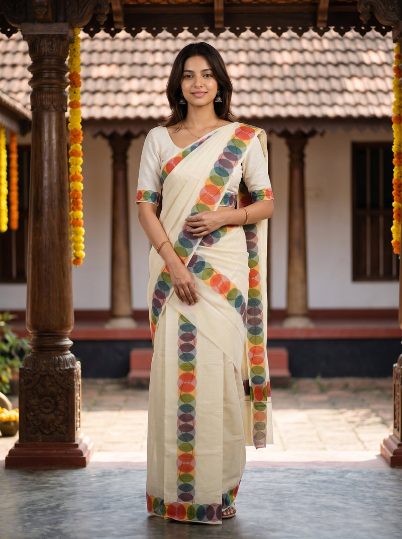 A woman wearing a cream-colored saree with colorful circular border patterns, standing in a traditional courtyard with wooden pillars and tiled roofs.