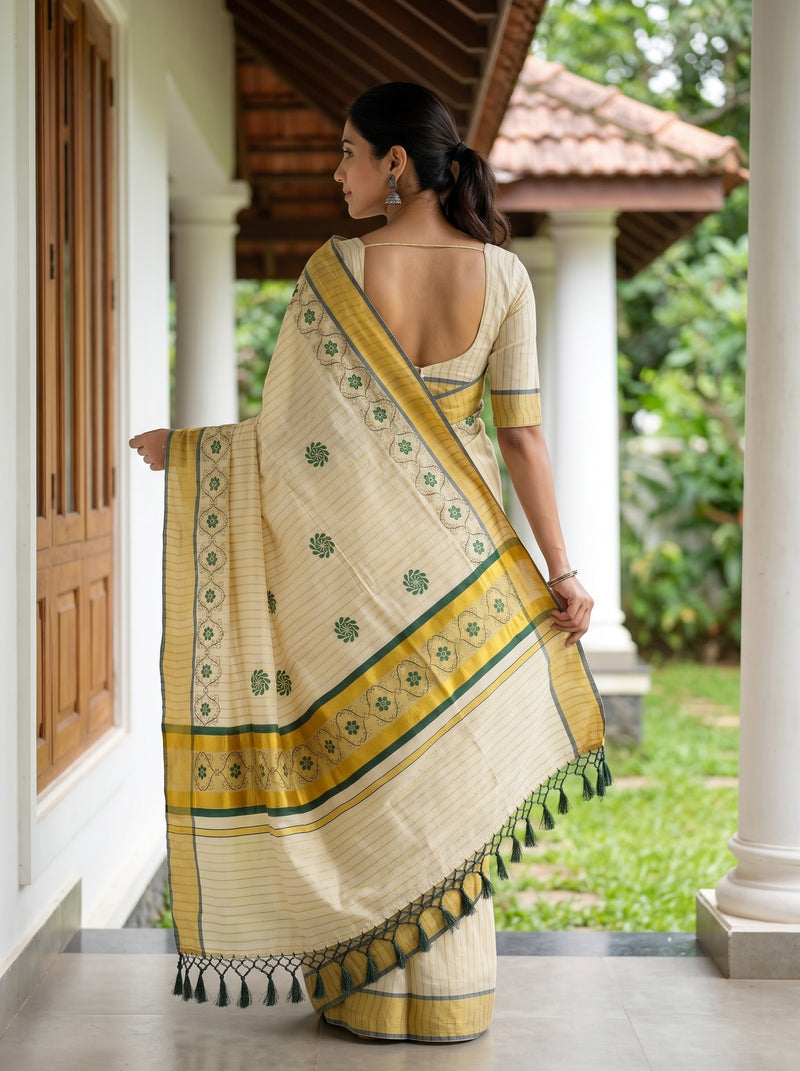 A woman wearing a cream-colored saree with yellow and green borders, standing on a porch with columns and greenery in the background.